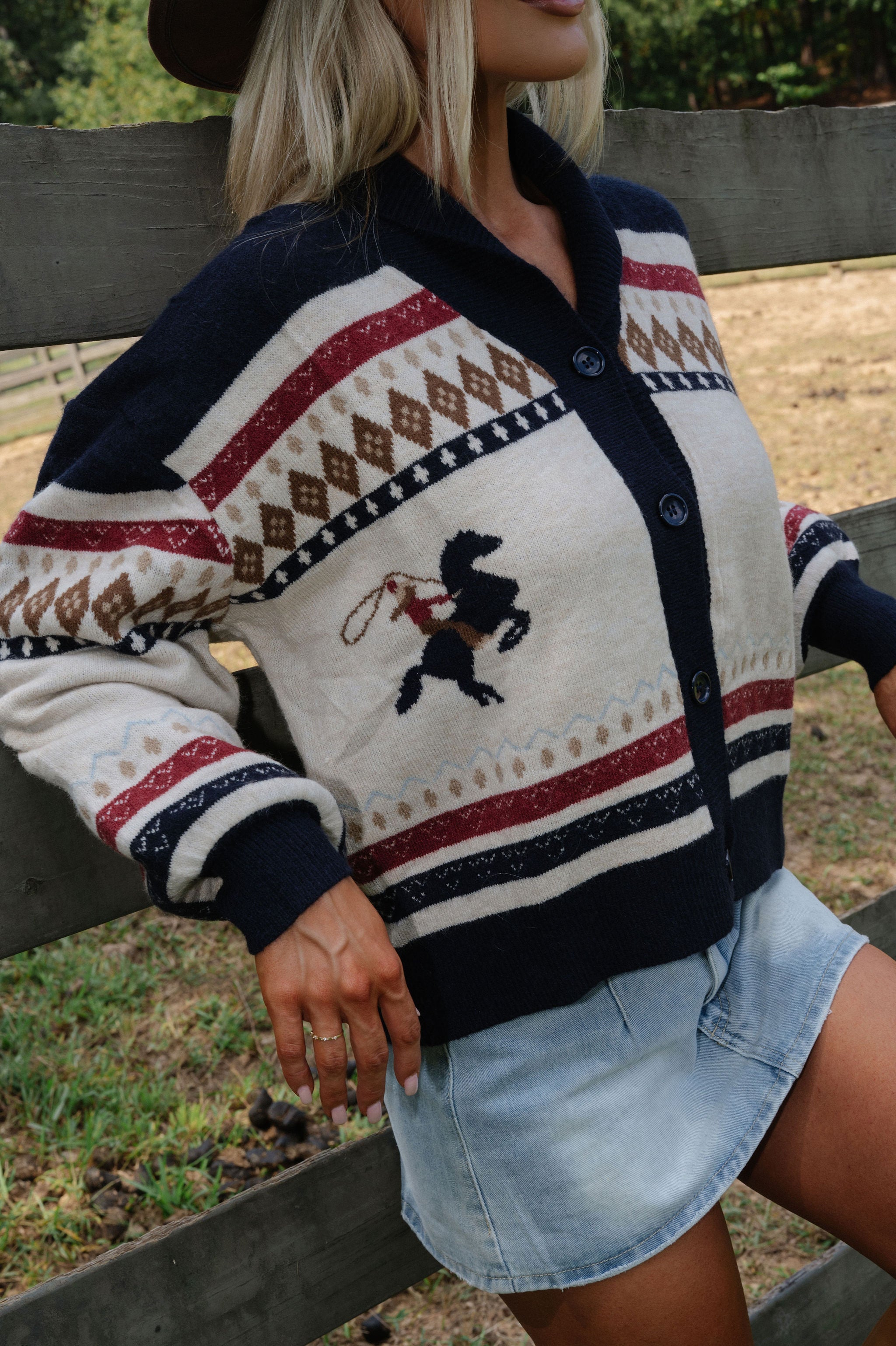 Horse Motif Sweater Cardigan-Cream Multi