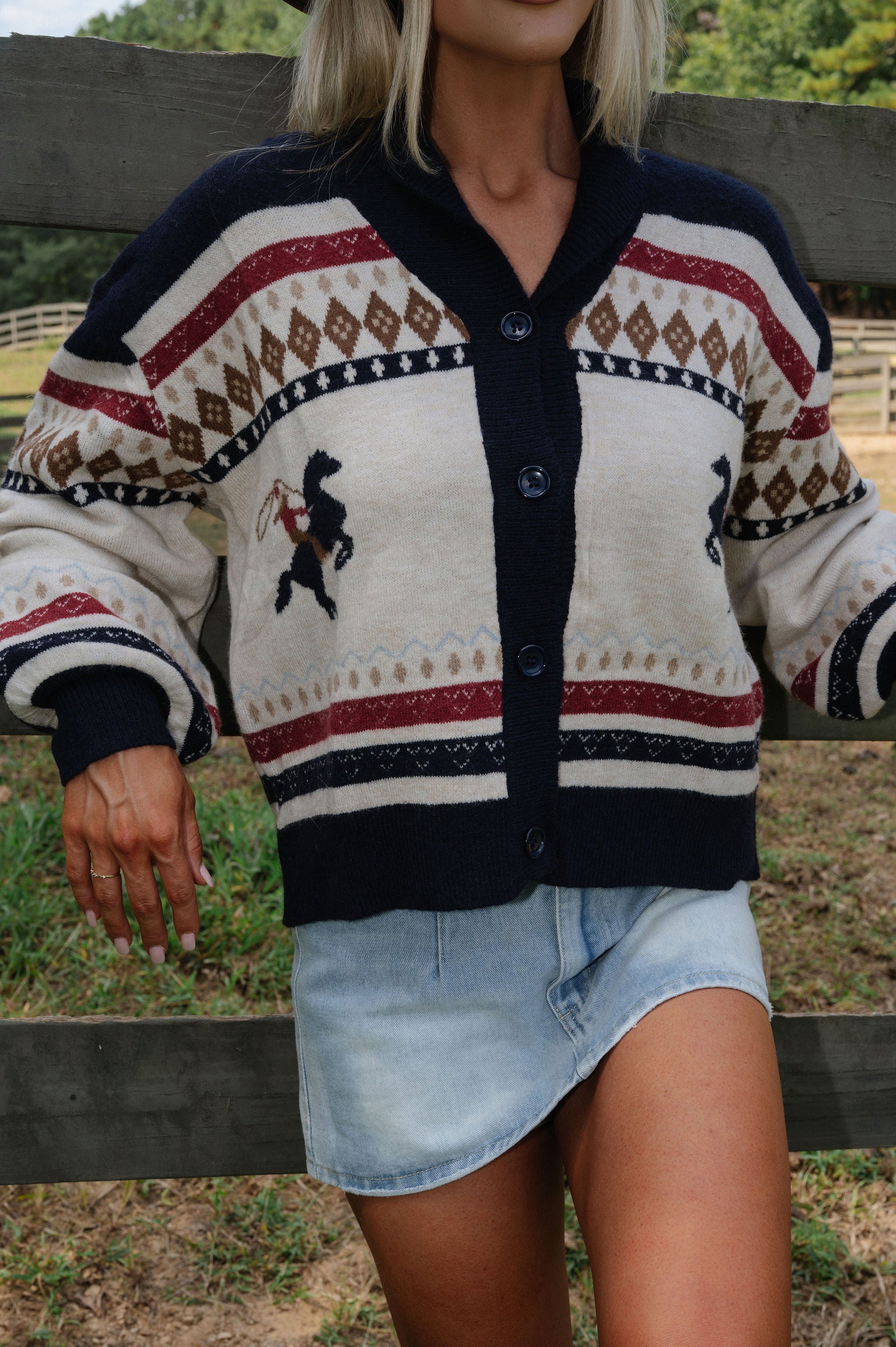 Horse Motif Sweater Cardigan-Cream Multi