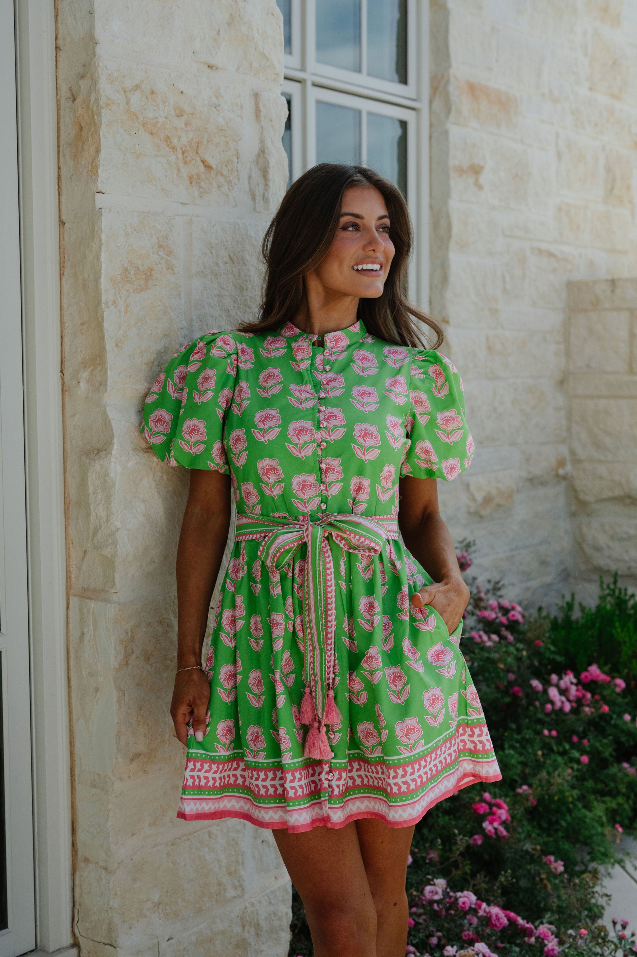 Janie Floral Belted Mini Dress-Green Multi