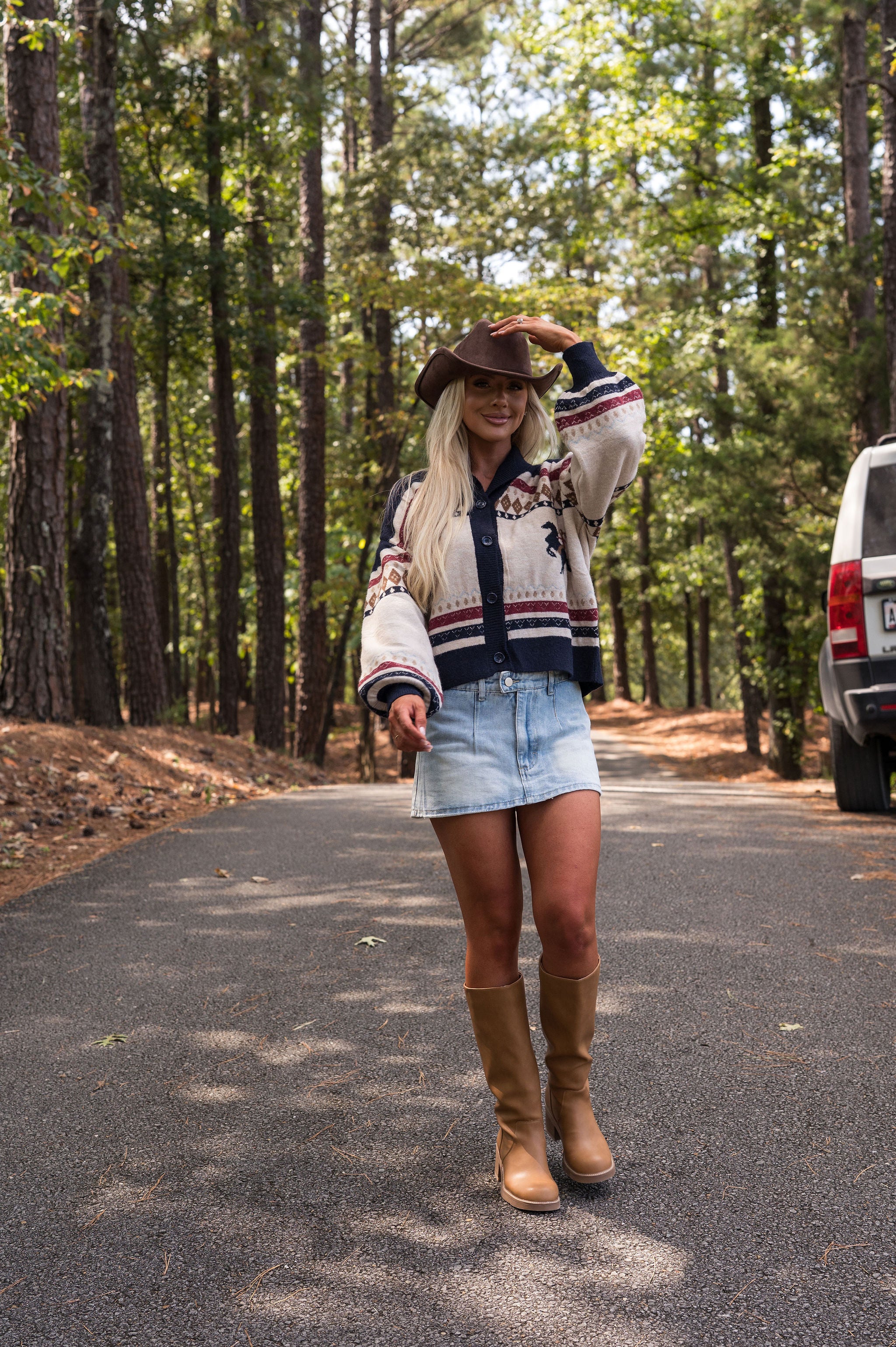 Horse Motif Sweater Cardigan-Cream Multi