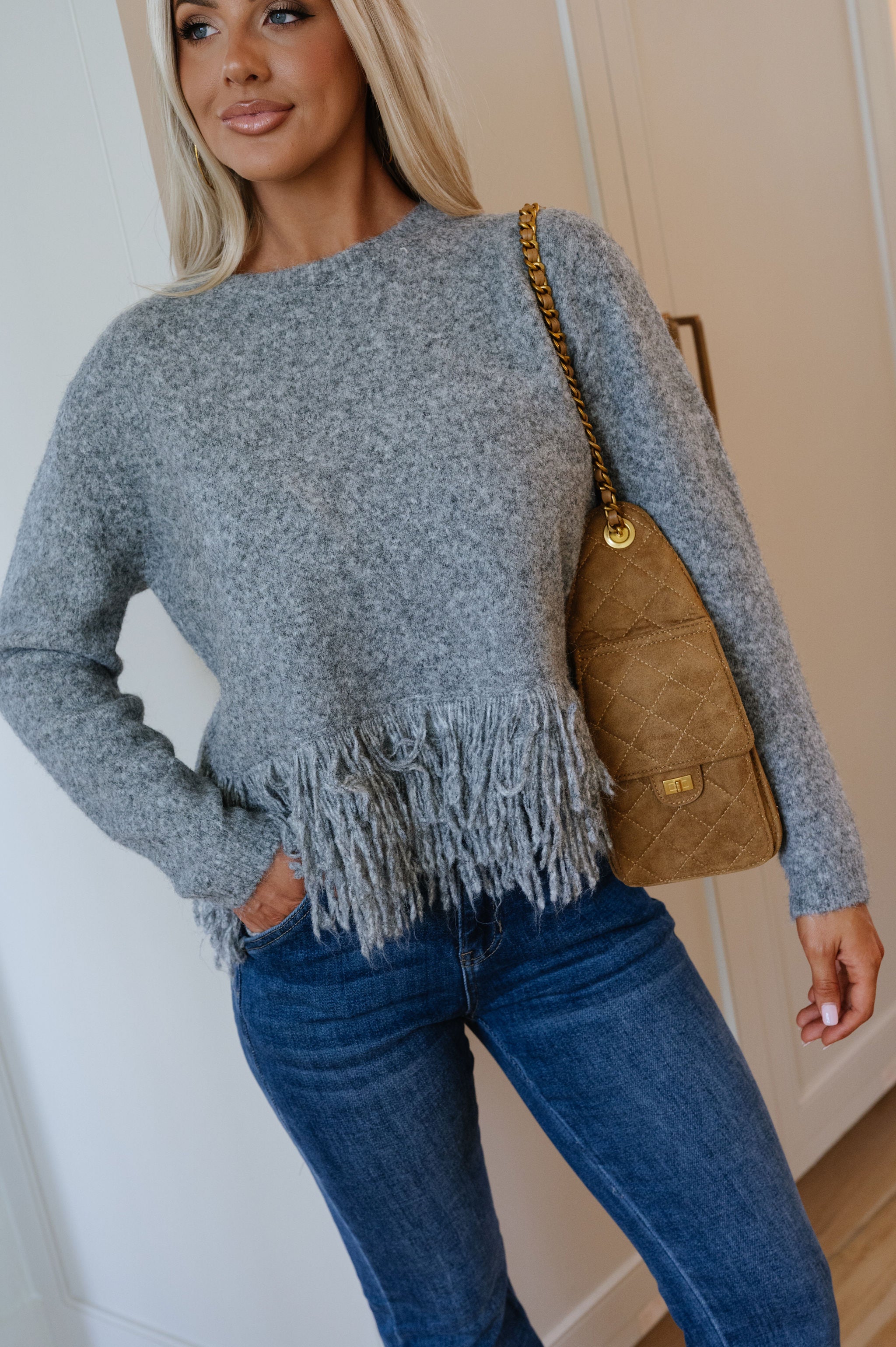 Riley Fringe Sweater-Light Charcoal