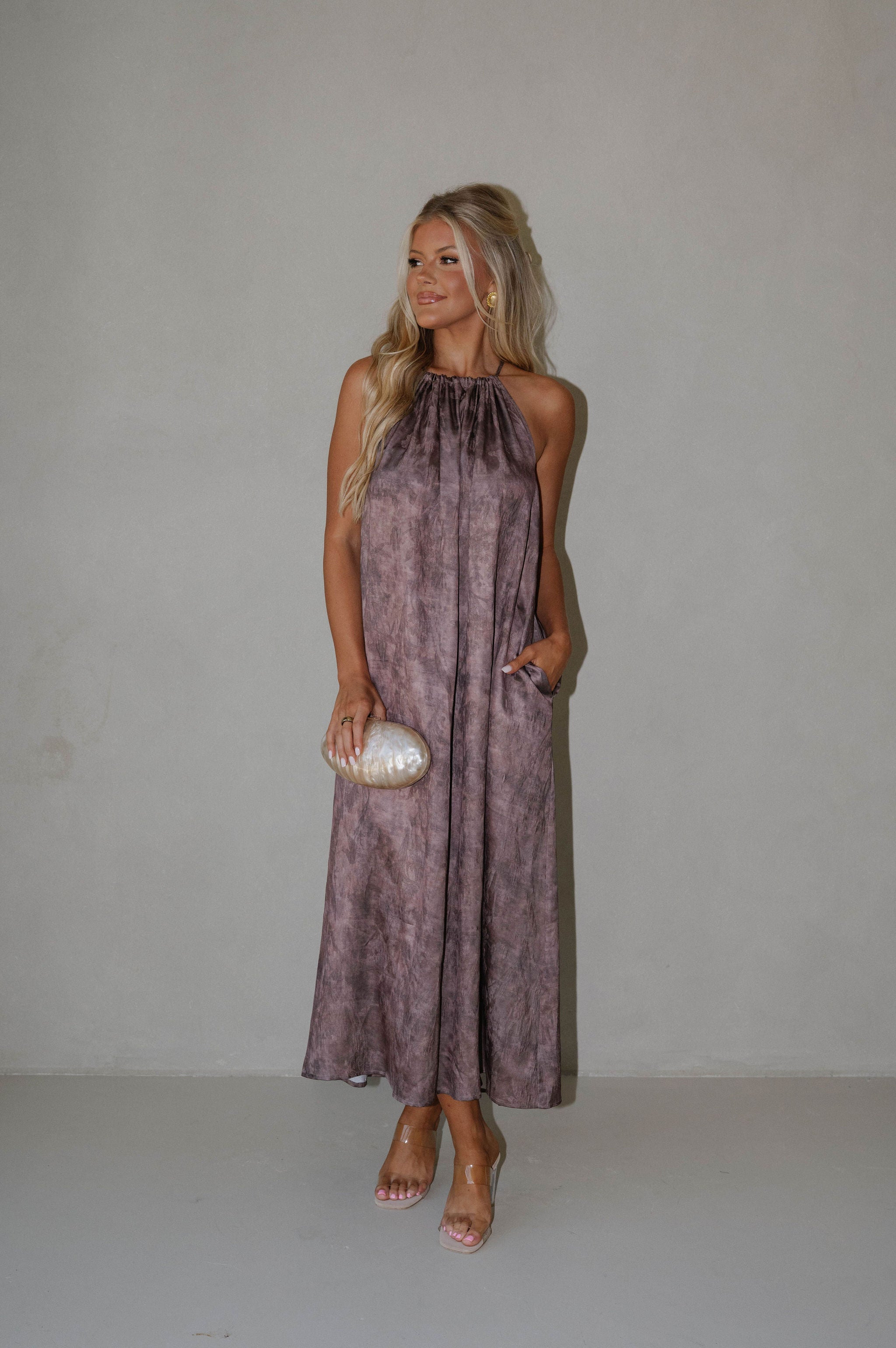 Satin Floral Print Maxi Dress-Brown
