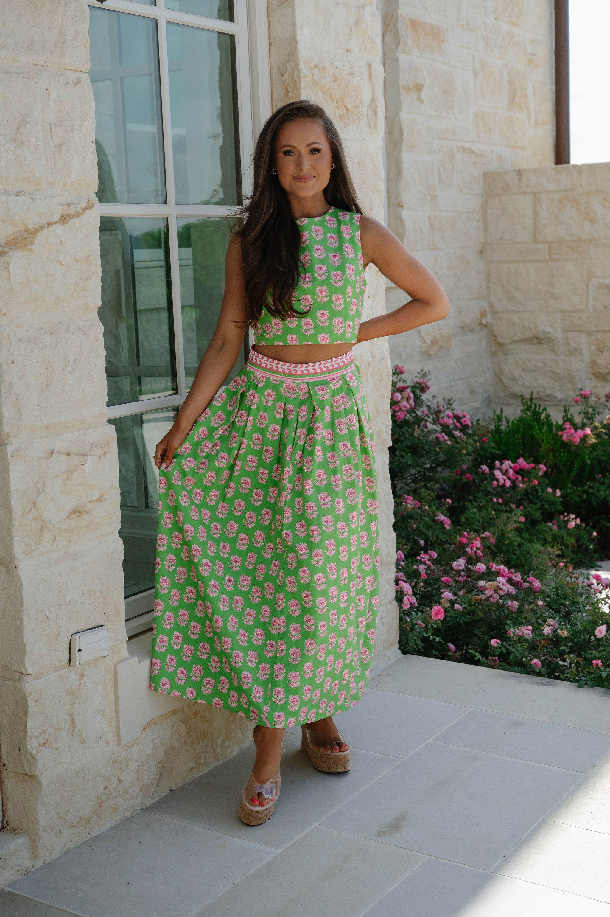 Meg Floral Midi Skirt Set-Green Multi