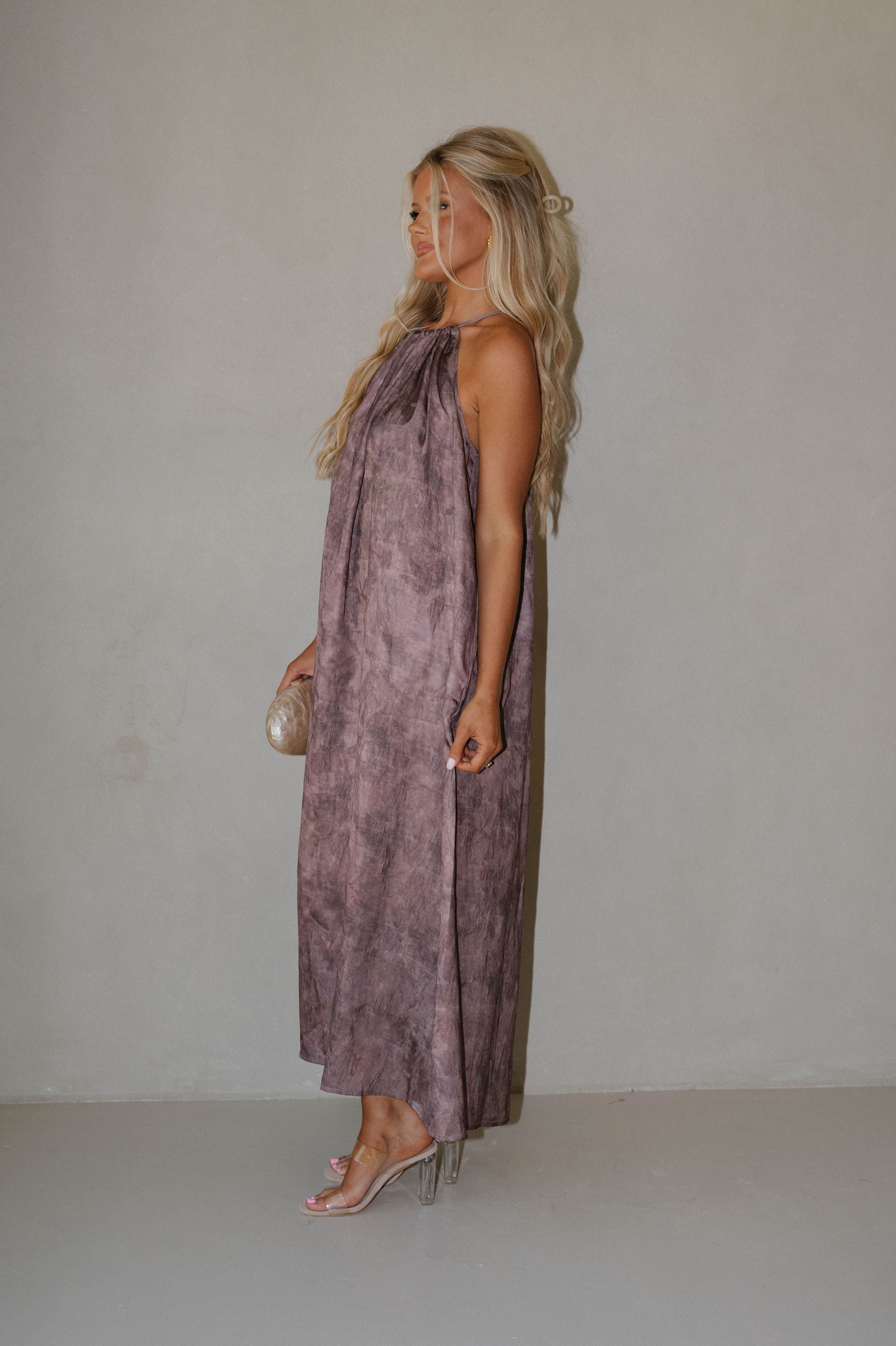Satin Floral Print Maxi Dress-Brown