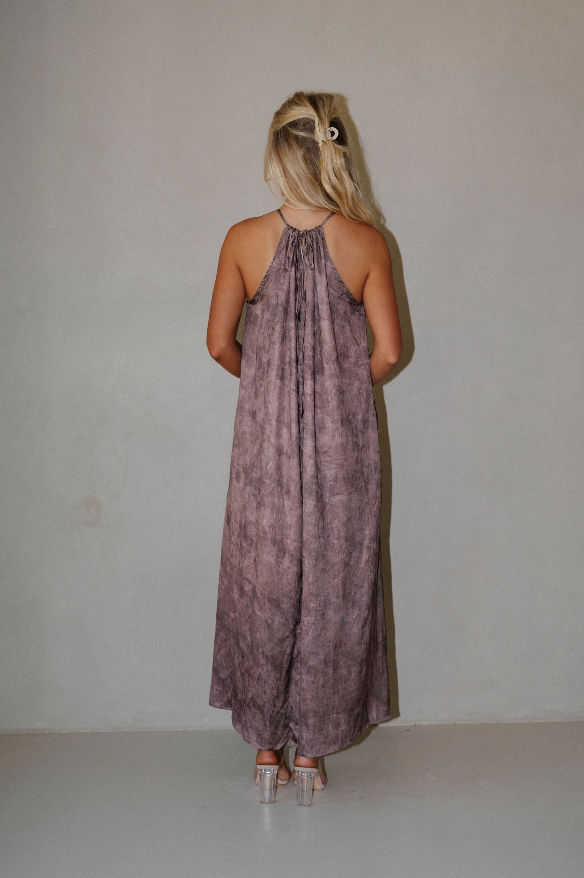 Satin Floral Print Maxi Dress-Brown
