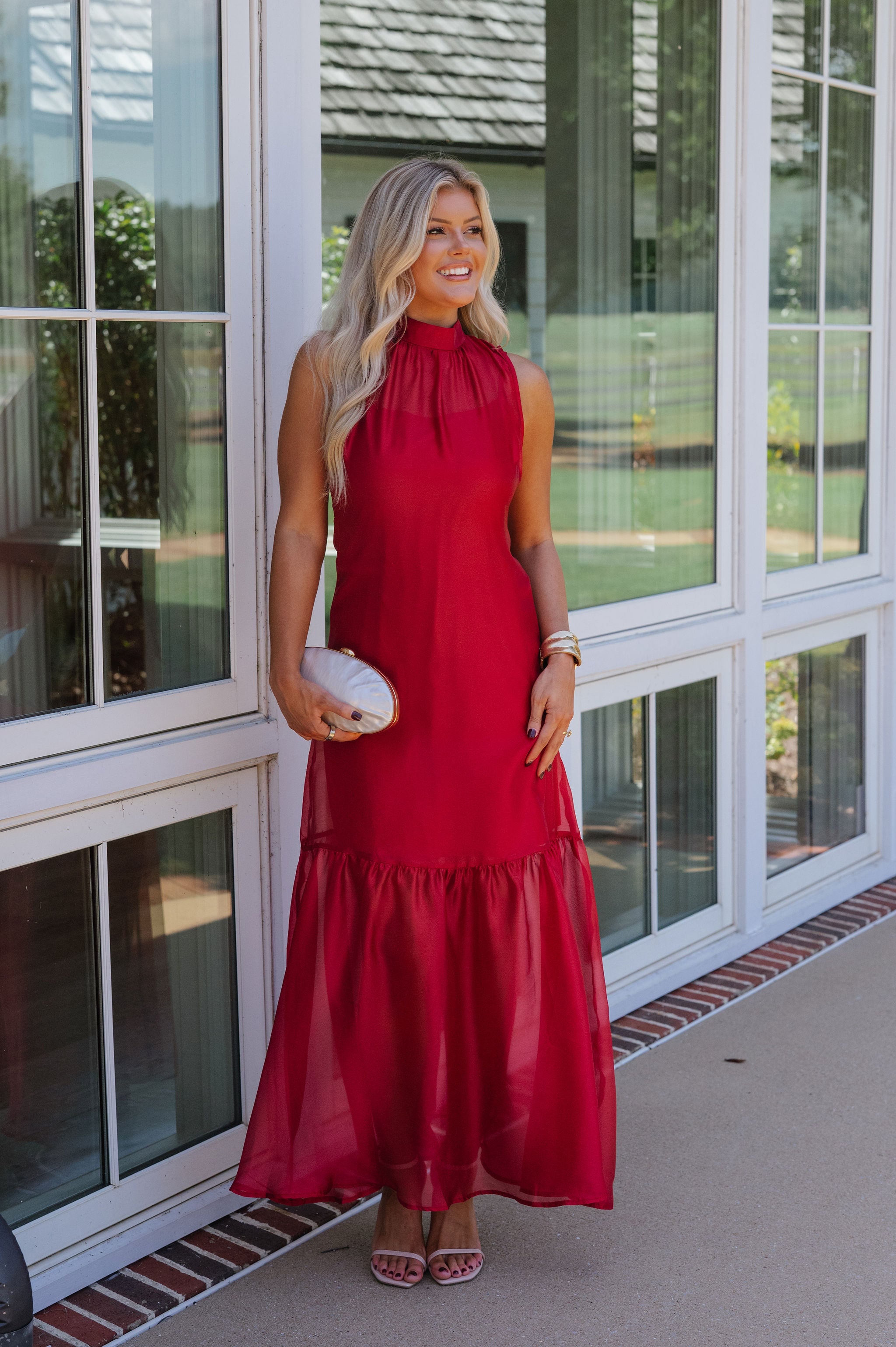 Sunnie Organza Mock Neck Maxi Dress-Deep Red