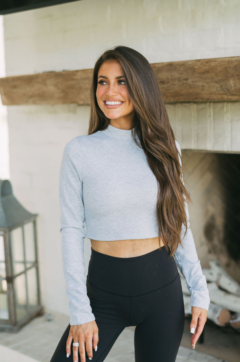 Cropped Mock Neck Athleisure Top- Heather Grey
