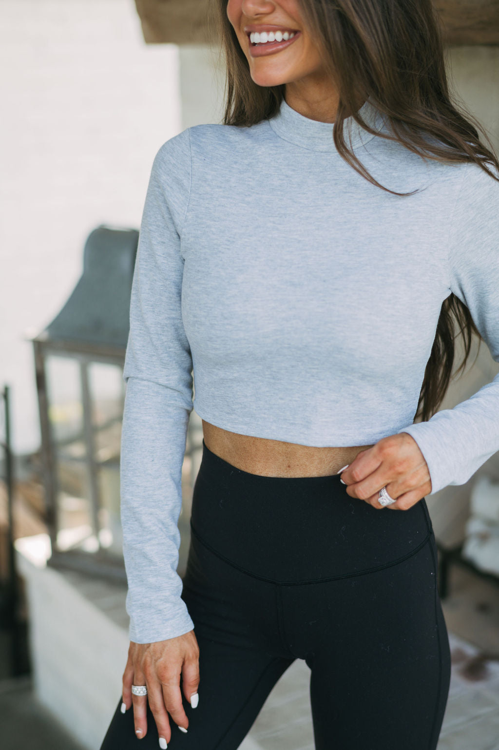 Cropped Mock Neck Athleisure Top- Heather Grey