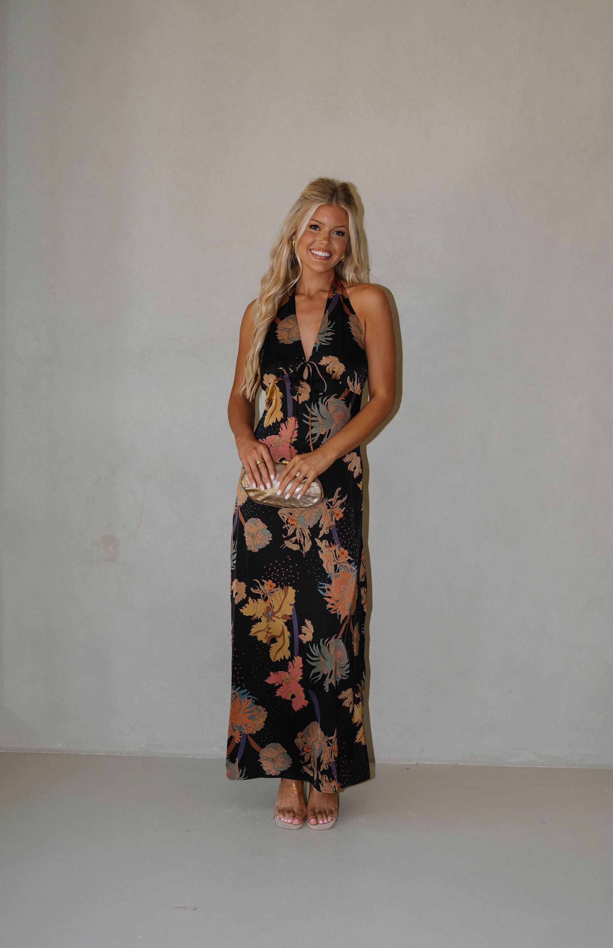 Annie Halter Neck Maxi Dress-Black Multi