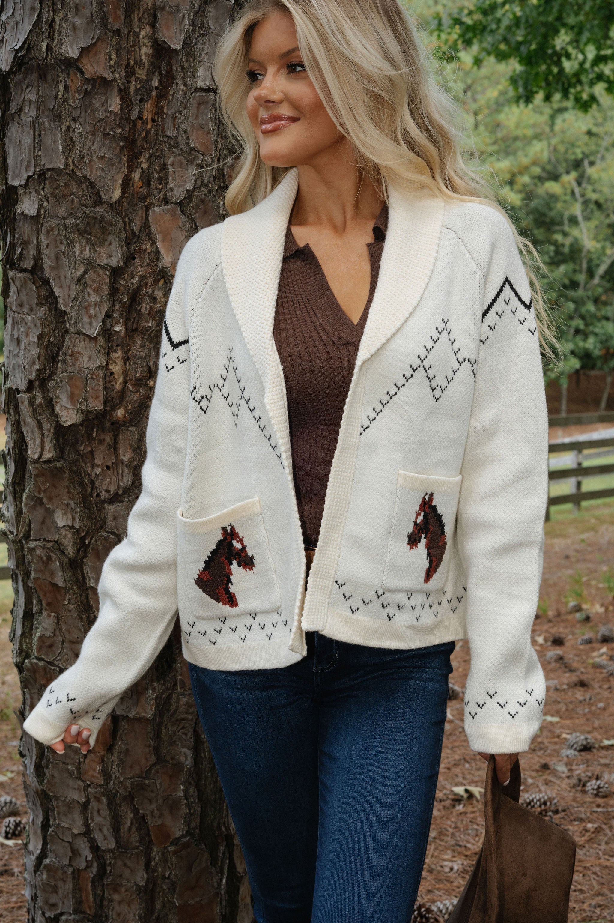Horse Knit Sweater Cardigan-Ivory