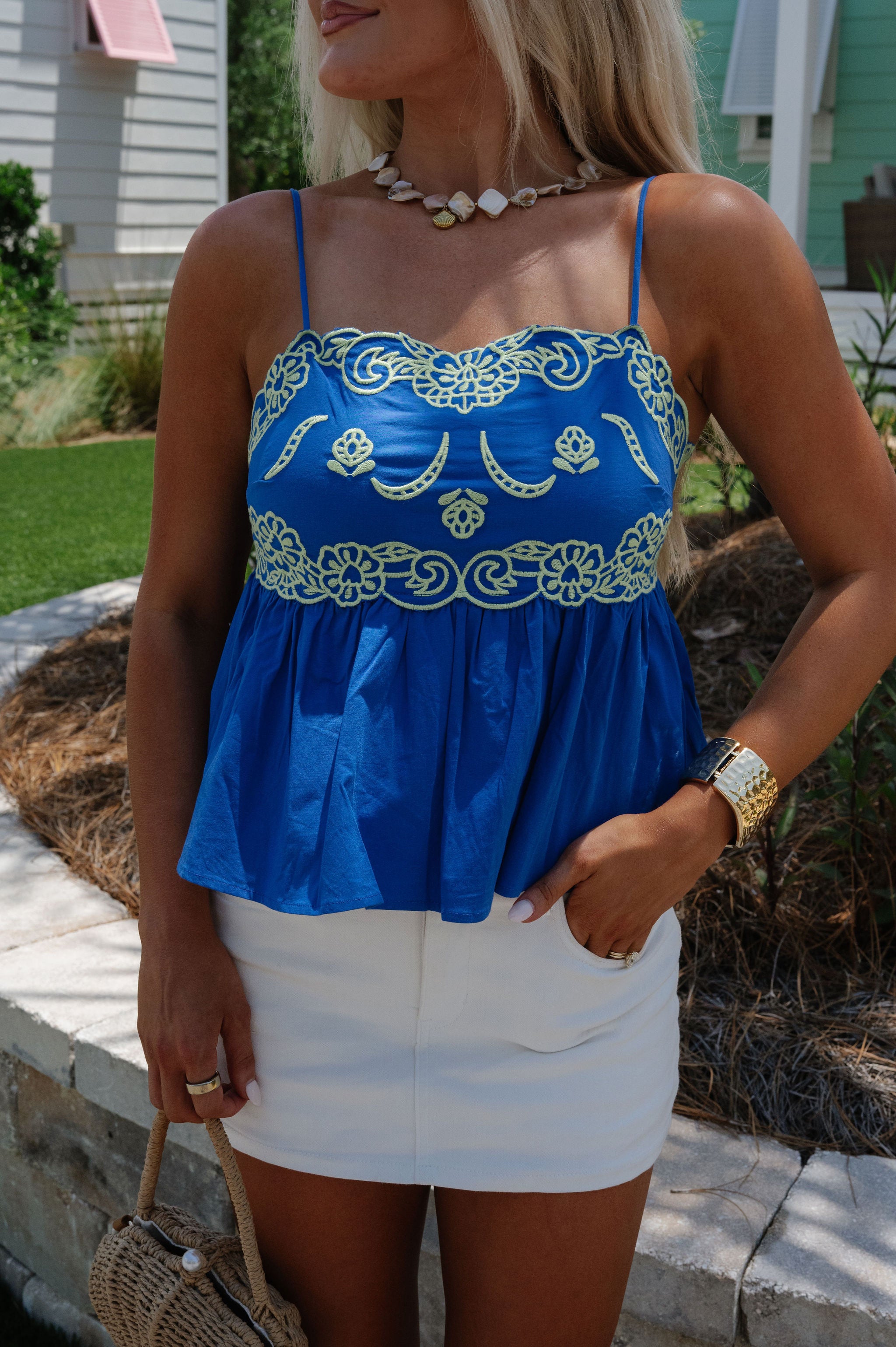 Ruby Embroidered Detail Top-Royal Blue