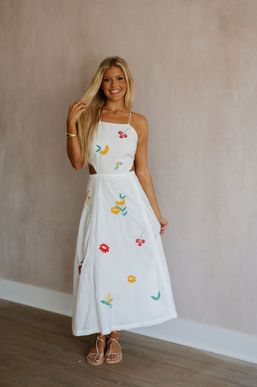 Embroidered Open Back Midi Dress-Off White