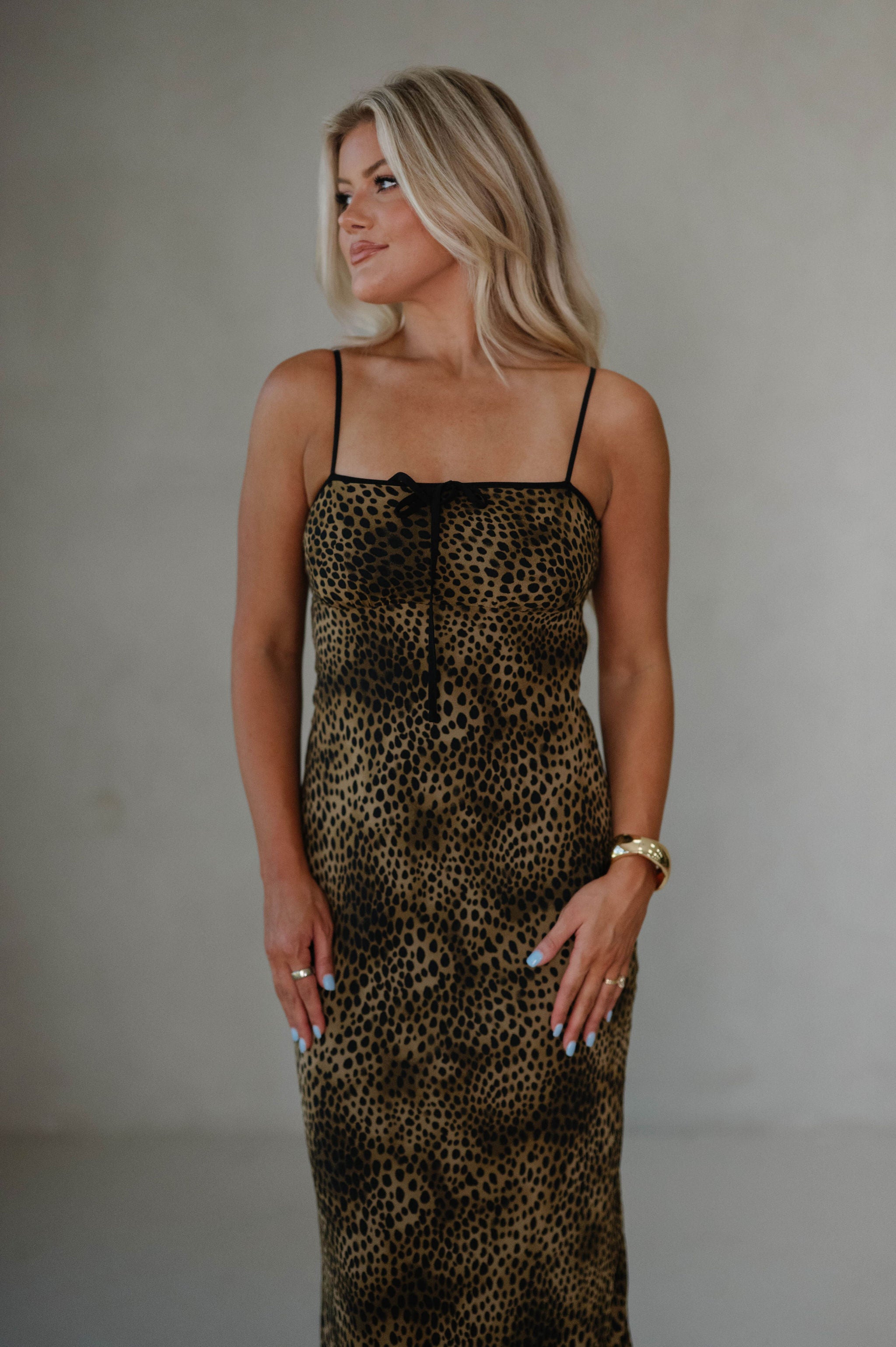 Leopard Front Tie Midi Dress-Taupe