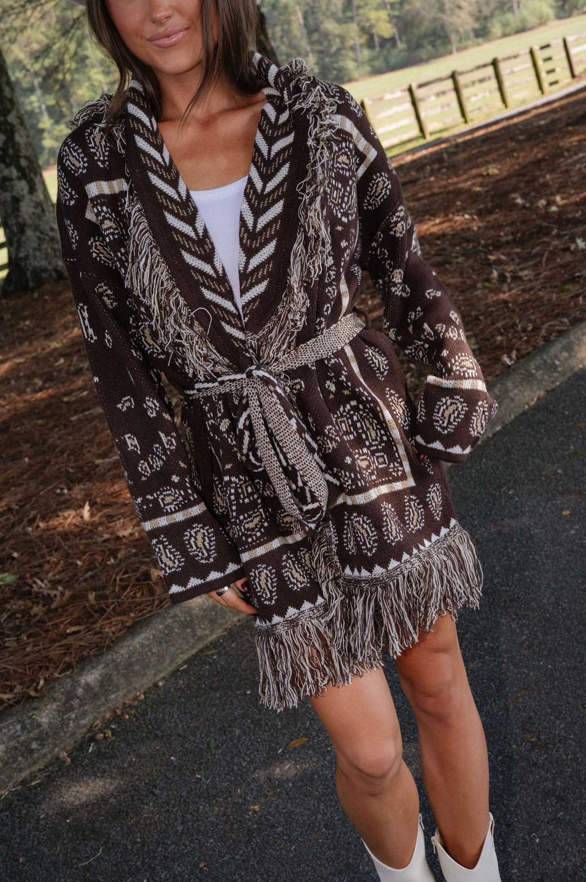 Zara Bandana Pattern Fringed Cardigan-Brown