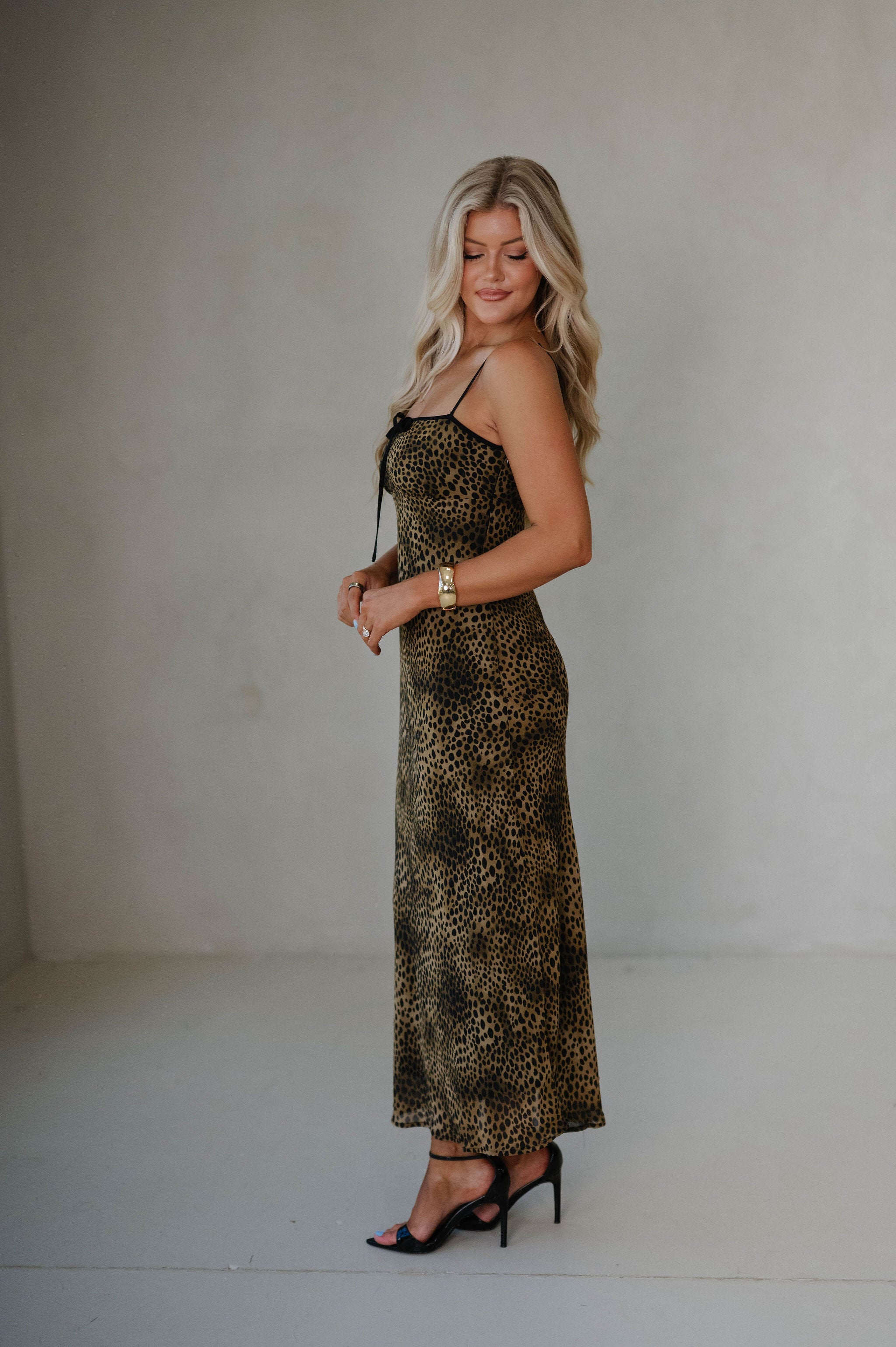 Leopard Front Tie Midi Dress-Taupe