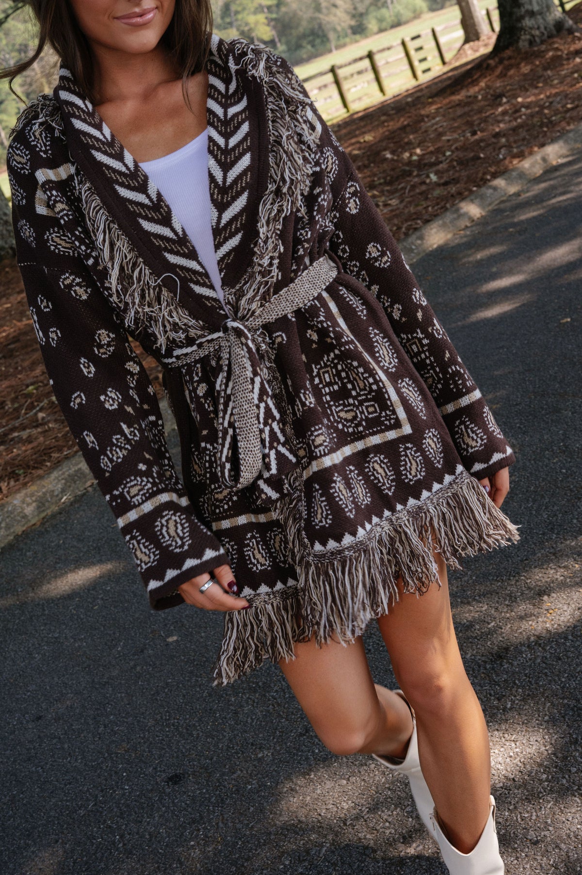 Zara Bandana Pattern Fringed Cardigan-Brown