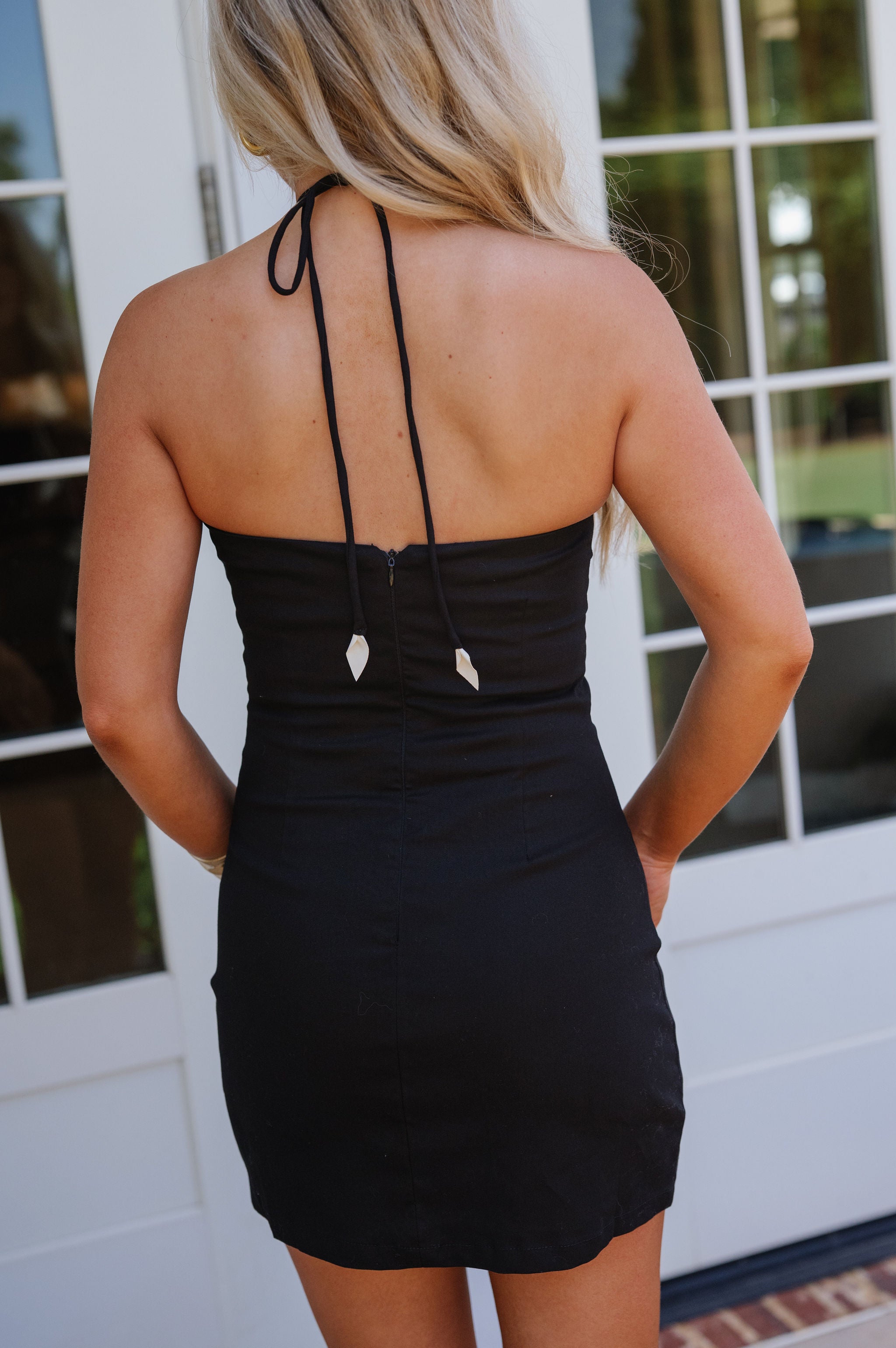 Taylor Halter Floral Applique Mini Dress-Black/Ivory