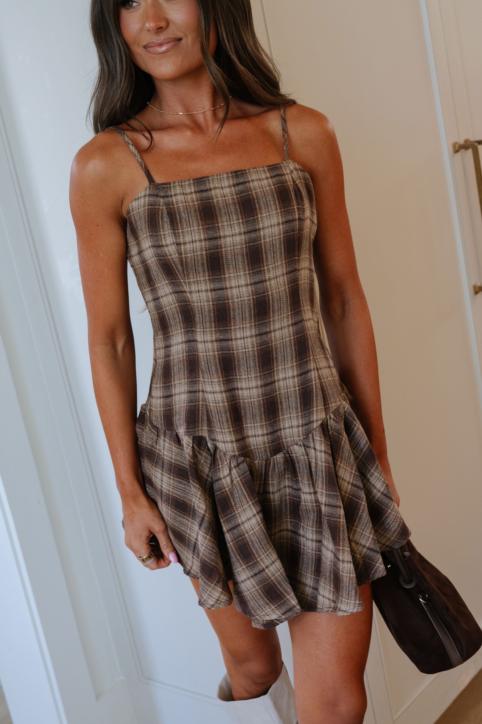 Sunny Plaid Mini Dress-Brown