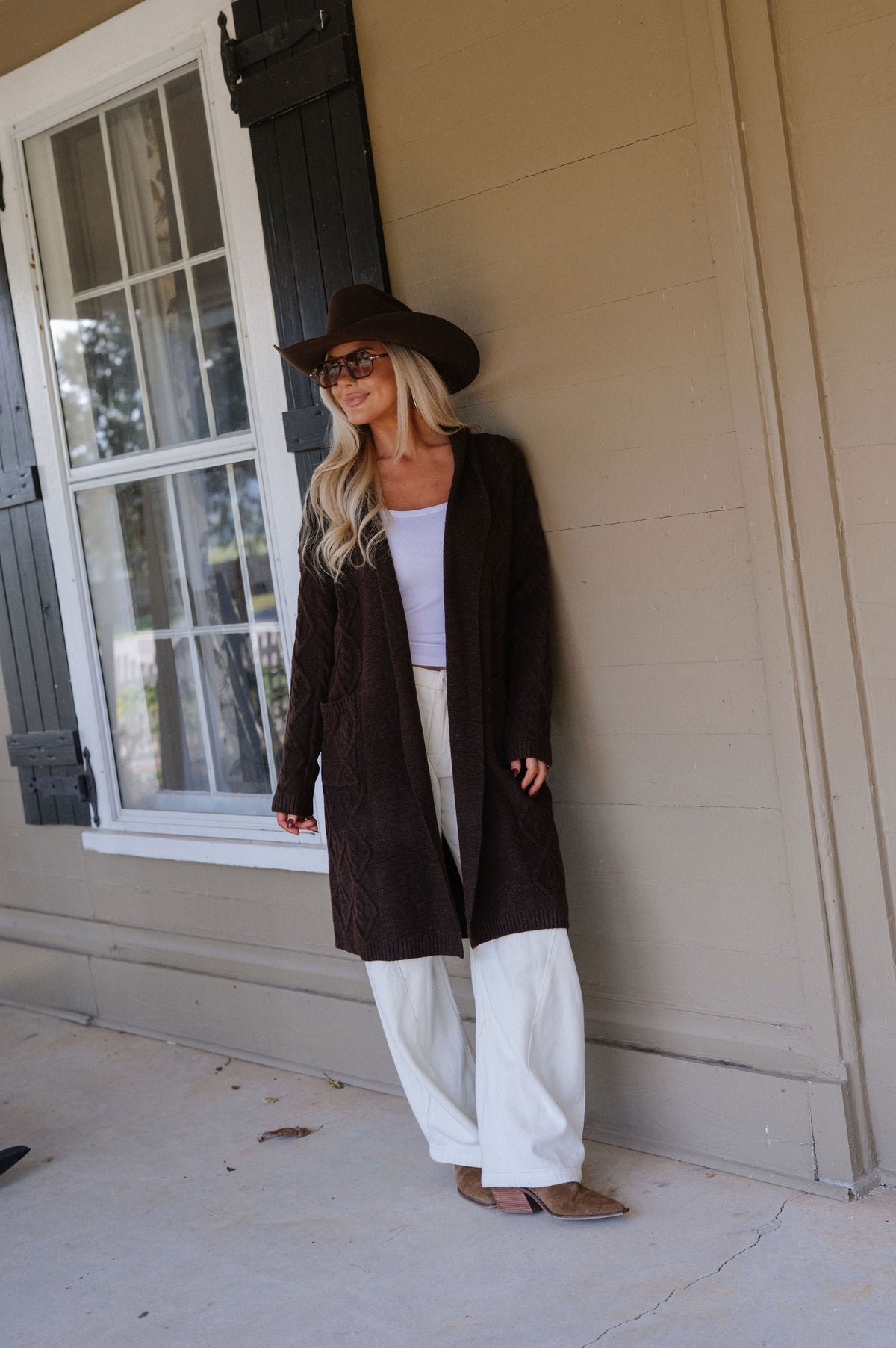 Peyton Longline Cable Knit Cardigan-Chocolate Brown