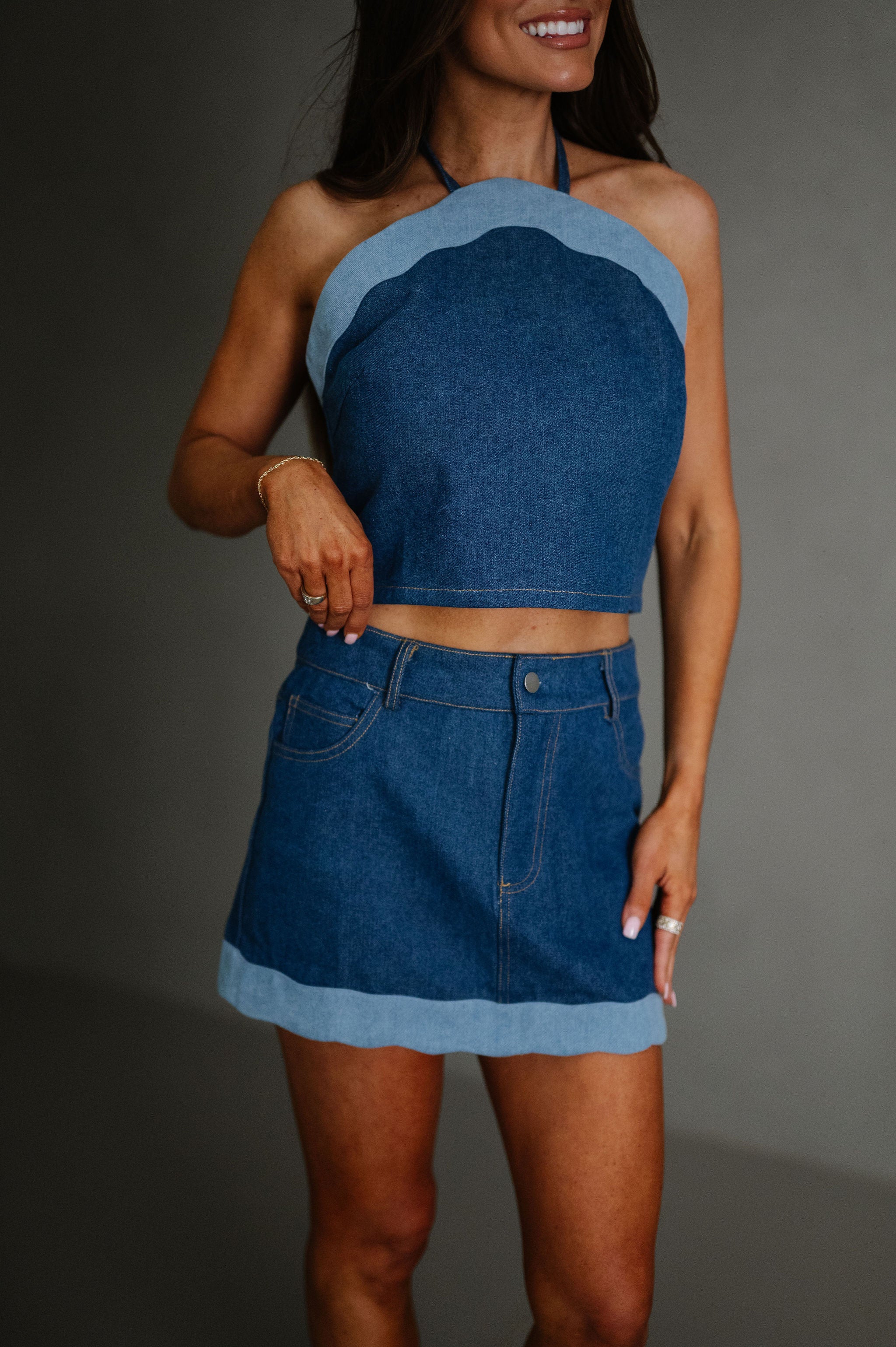 Millie Scallop Hem Skirt Set-Denim