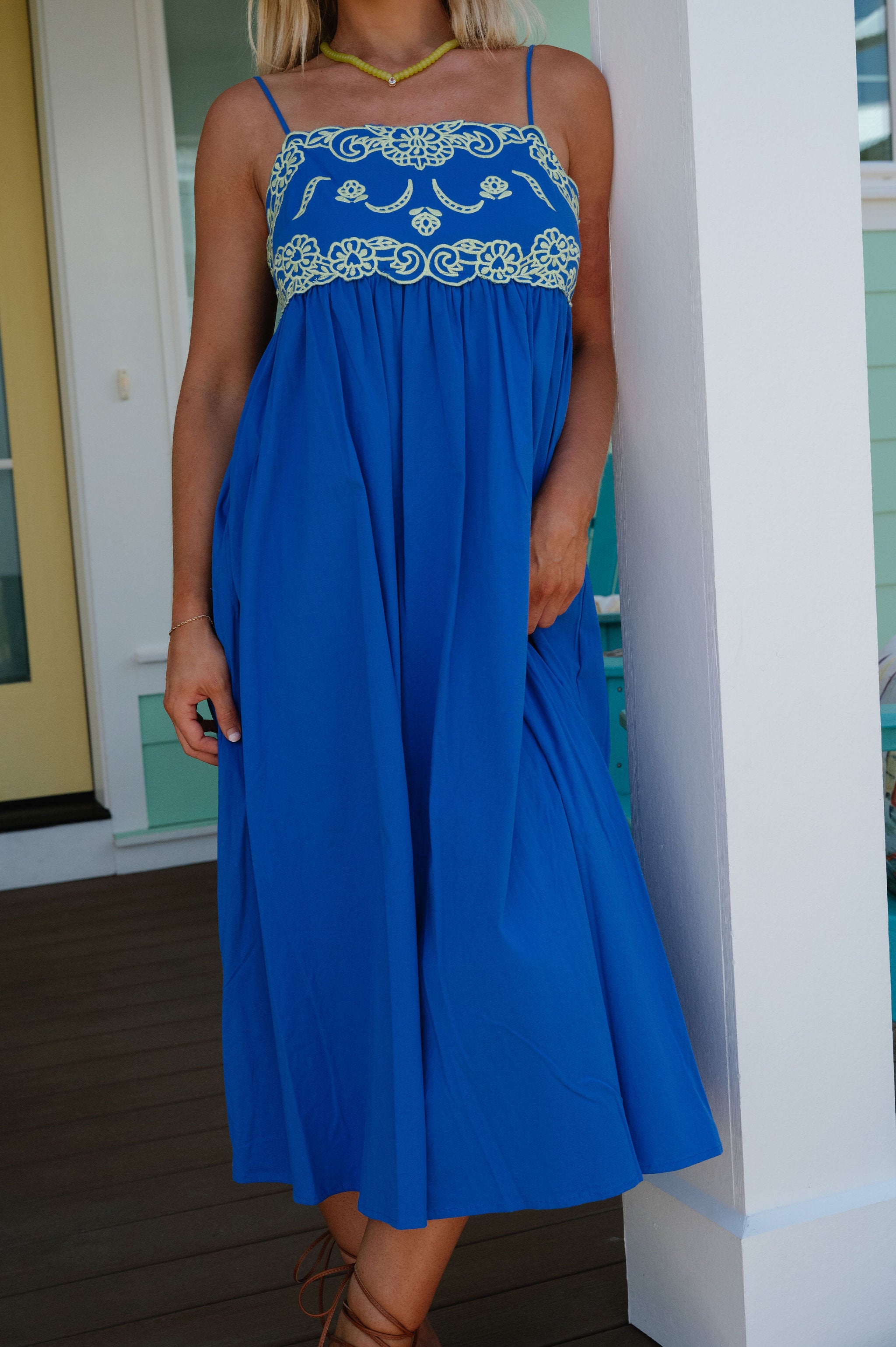 Camellia Embroidered Midi Dress-Royal Blue