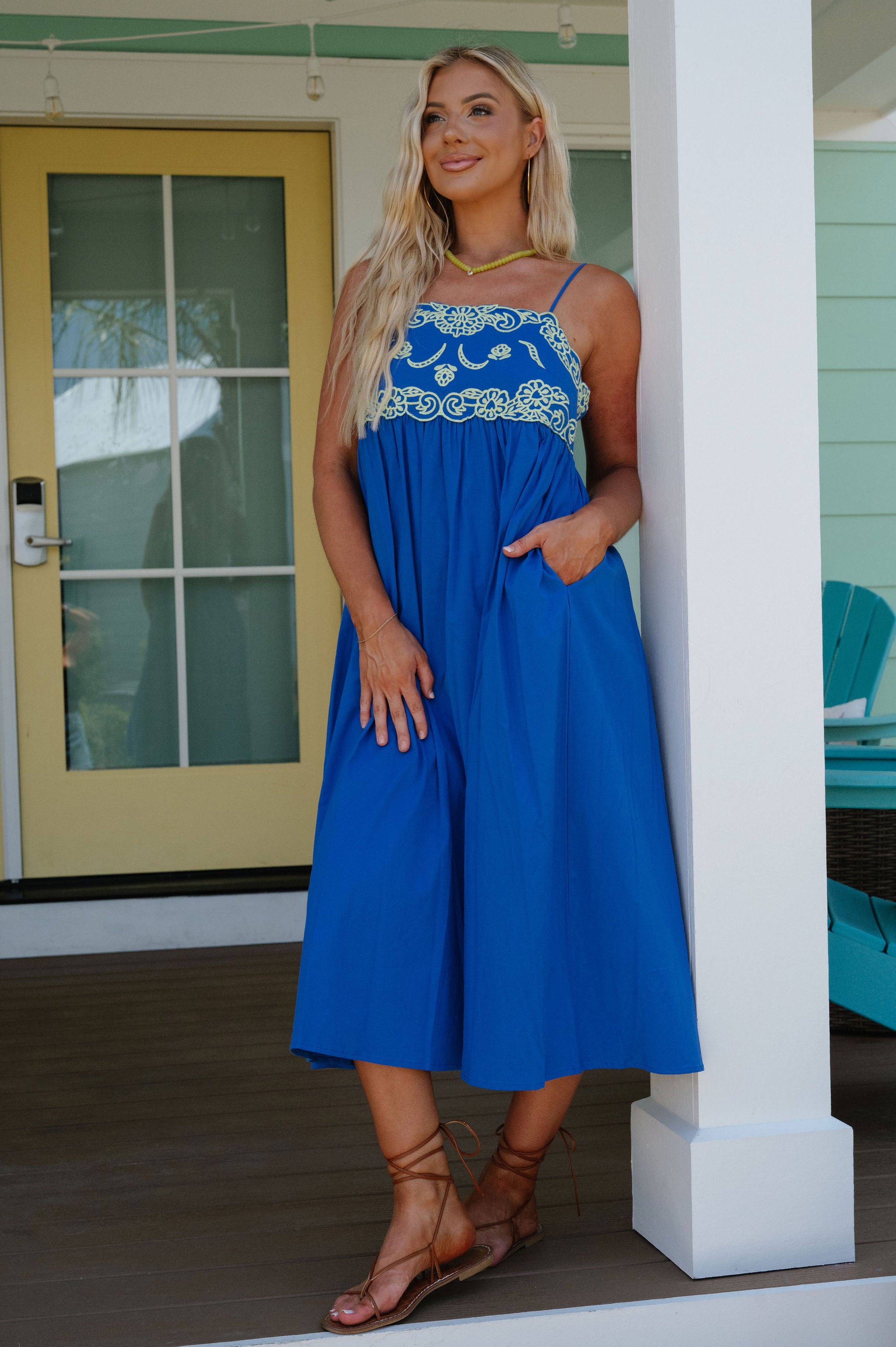 Camellia Embroidered Midi Dress-Royal Blue