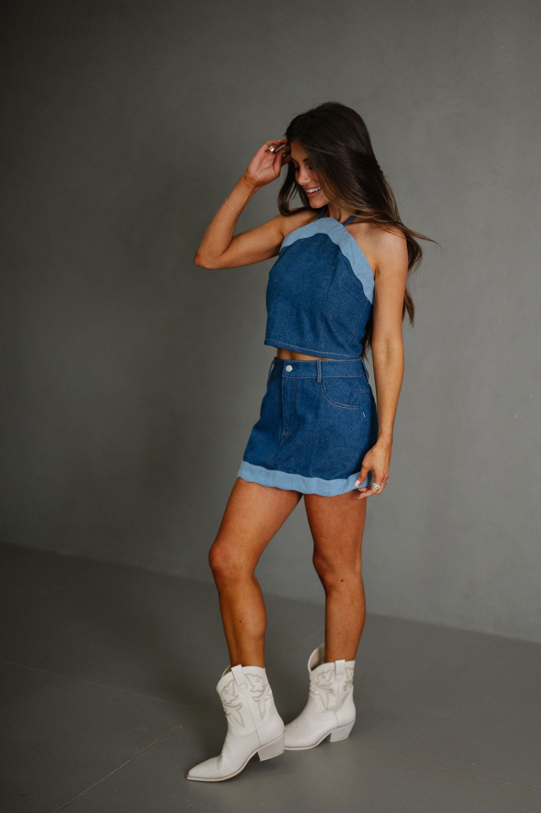 Millie Scallop Hem Skirt Set-Denim
