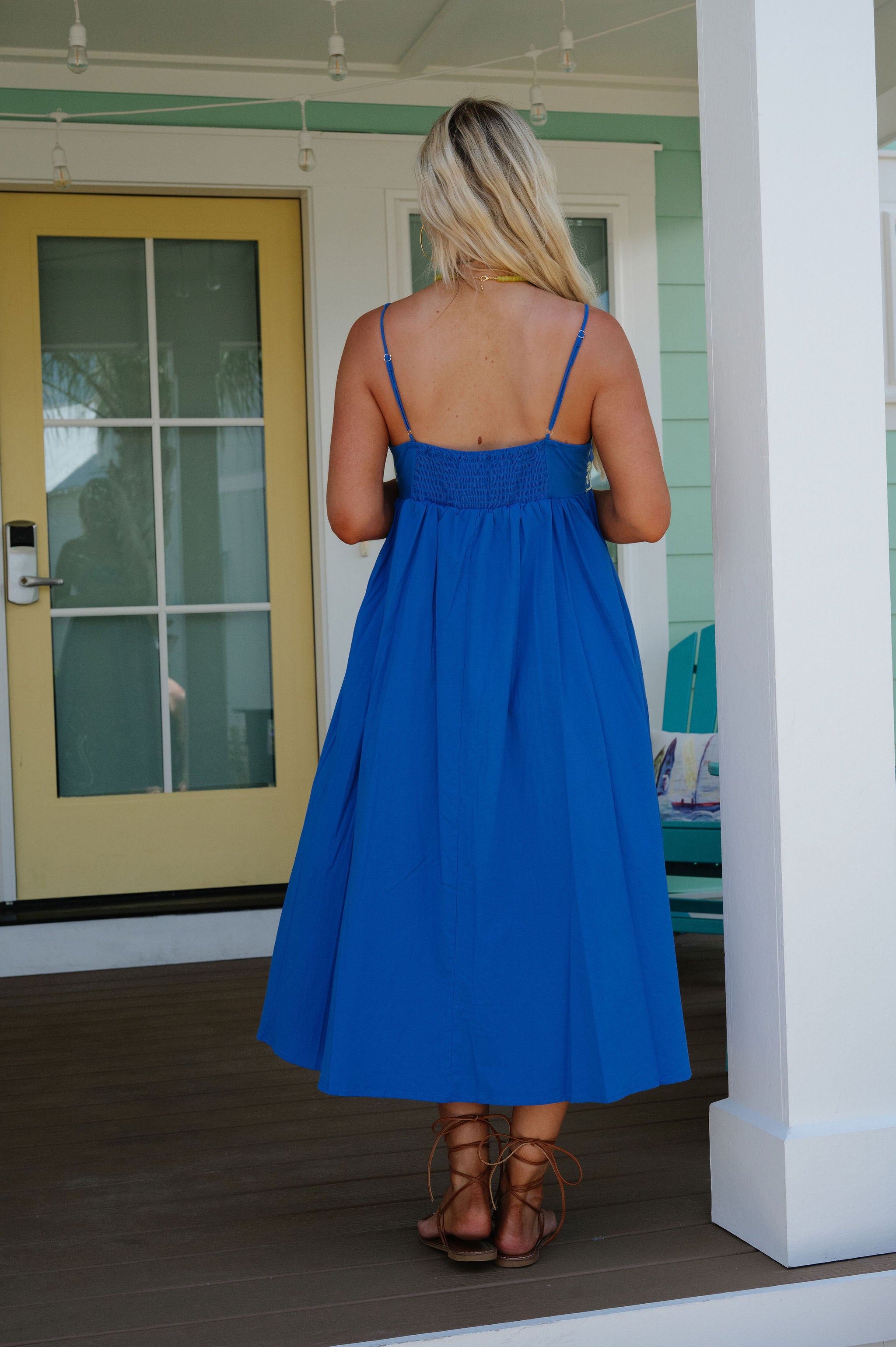 Camellia Embroidered Midi Dress-Royal Blue