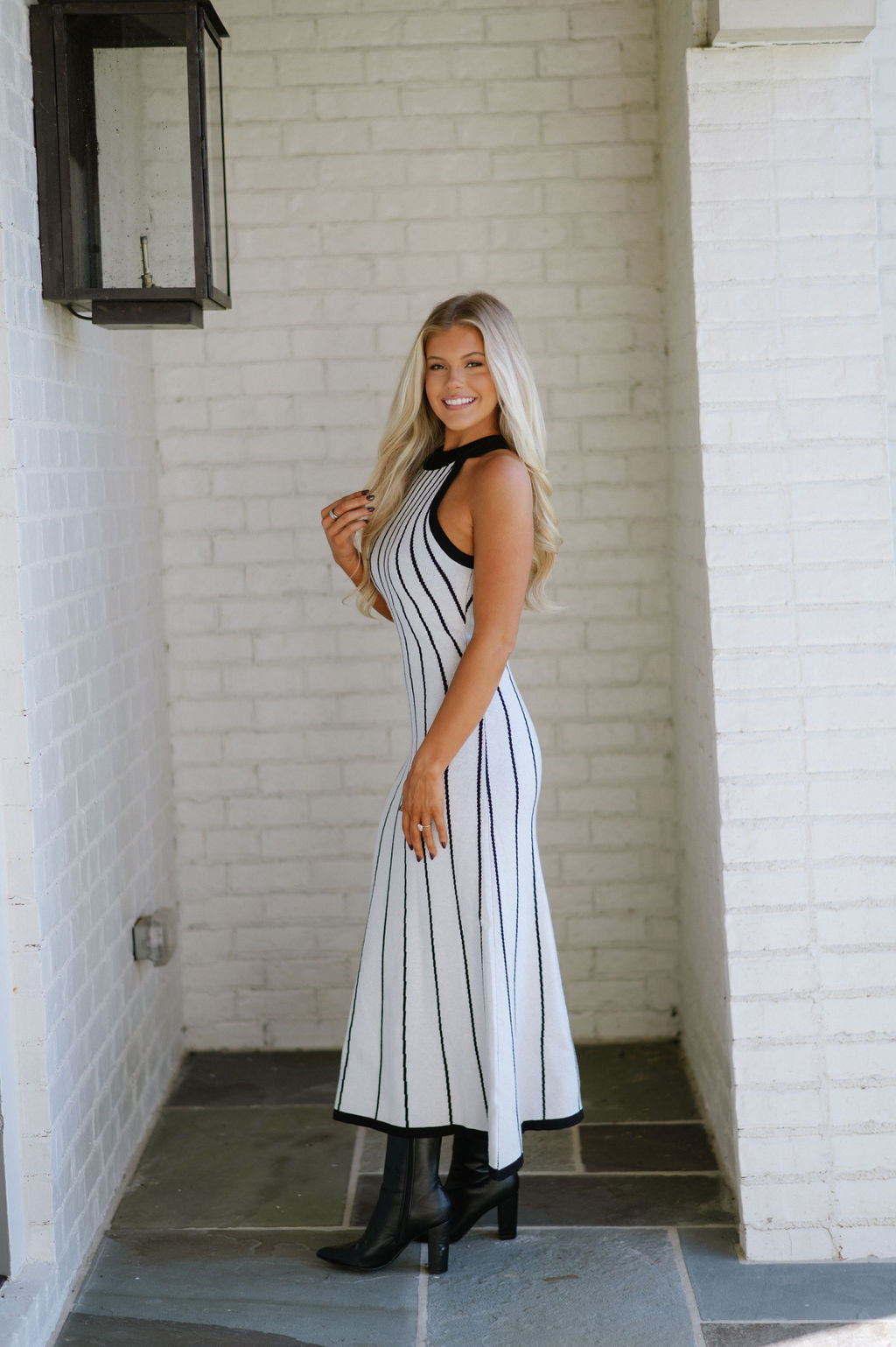 Stripe Knit Maxi Dress-Off White