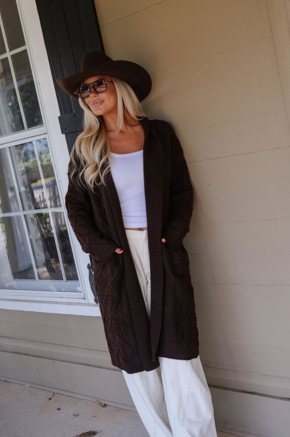 Peyton Longline Cable Knit Cardigan-Chocolate Brown