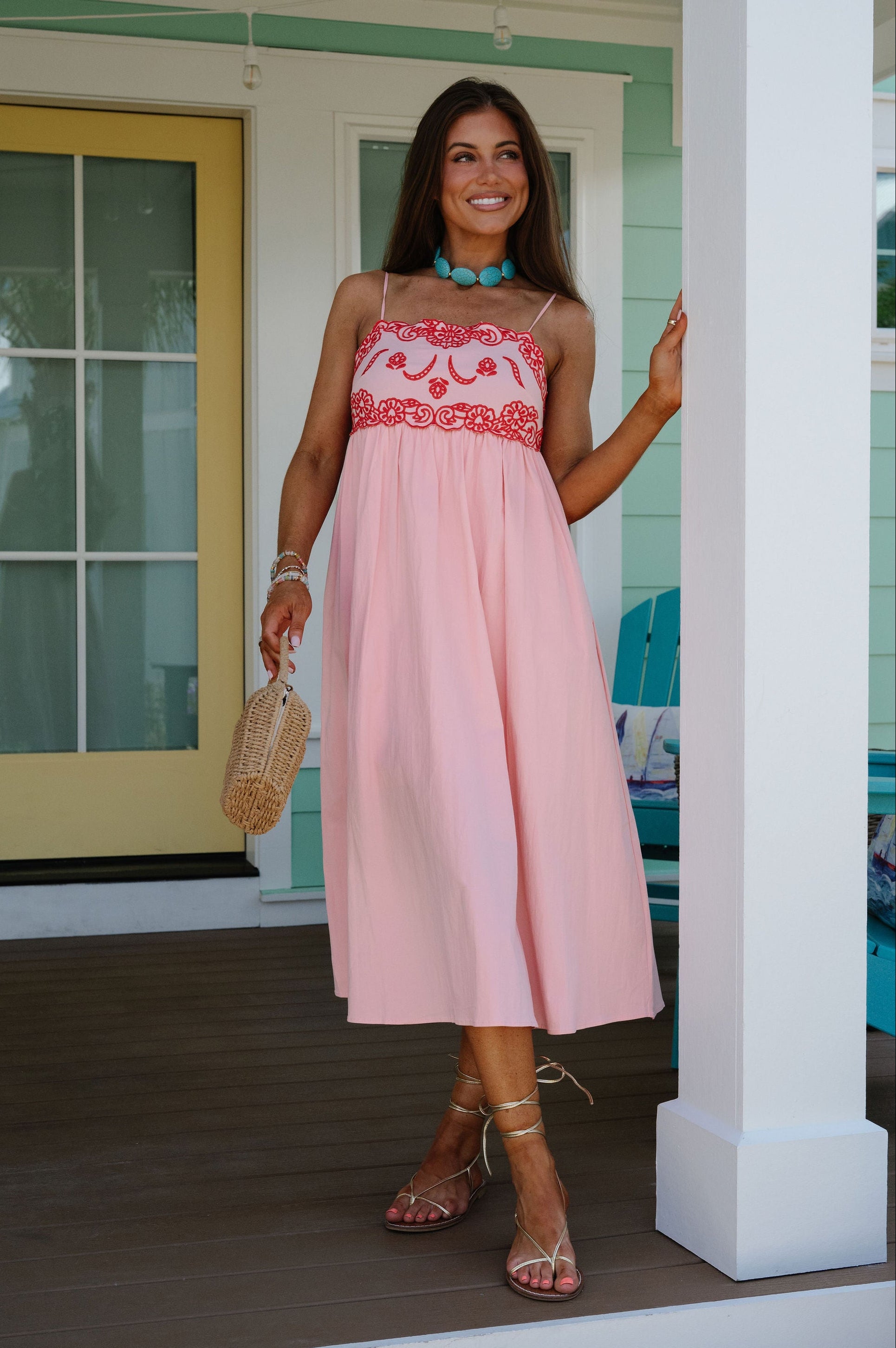 Camellia Embroidered Midi Dress-Baby Pink