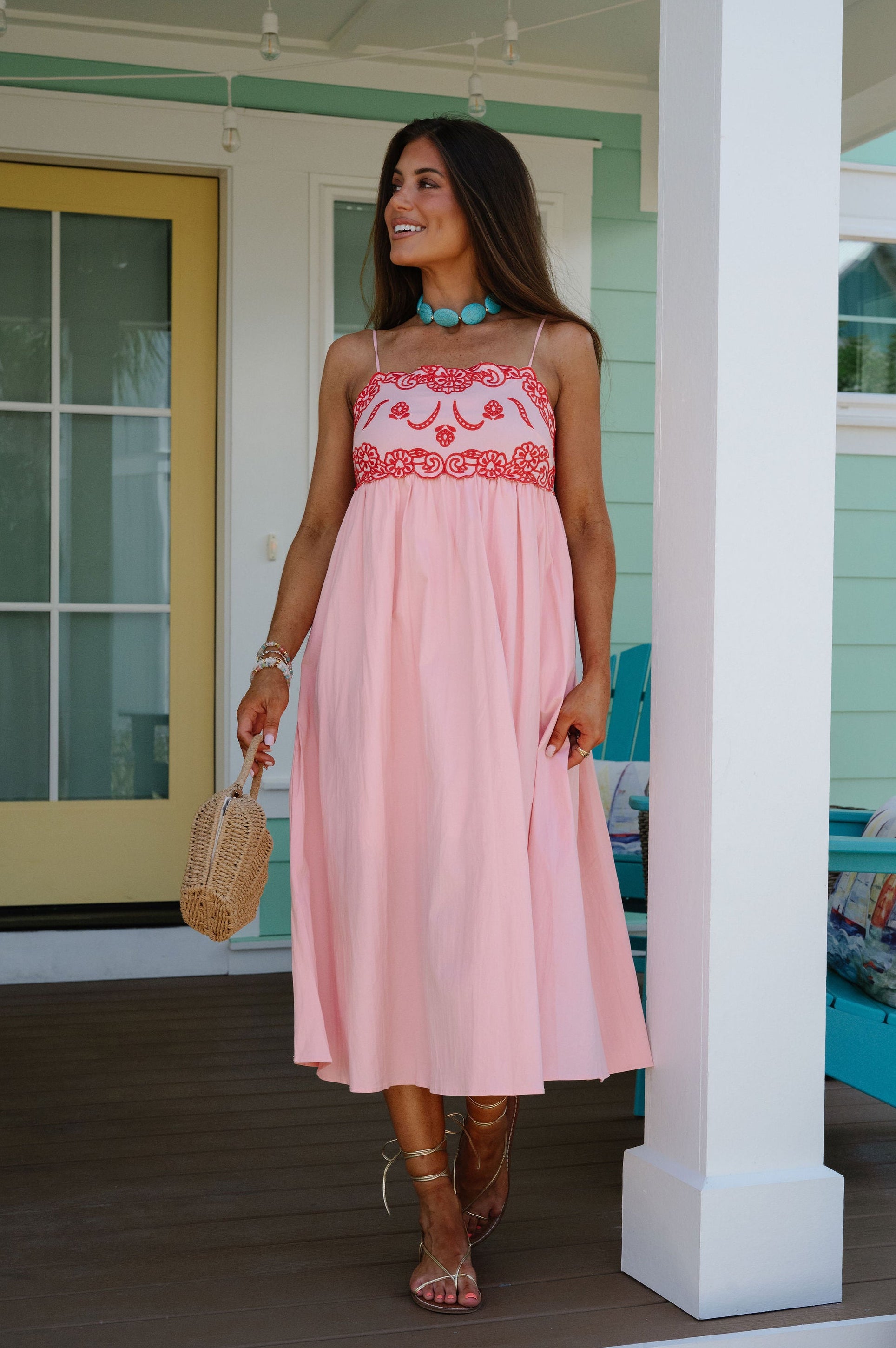 Camellia Embroidered Midi Dress-Baby Pink