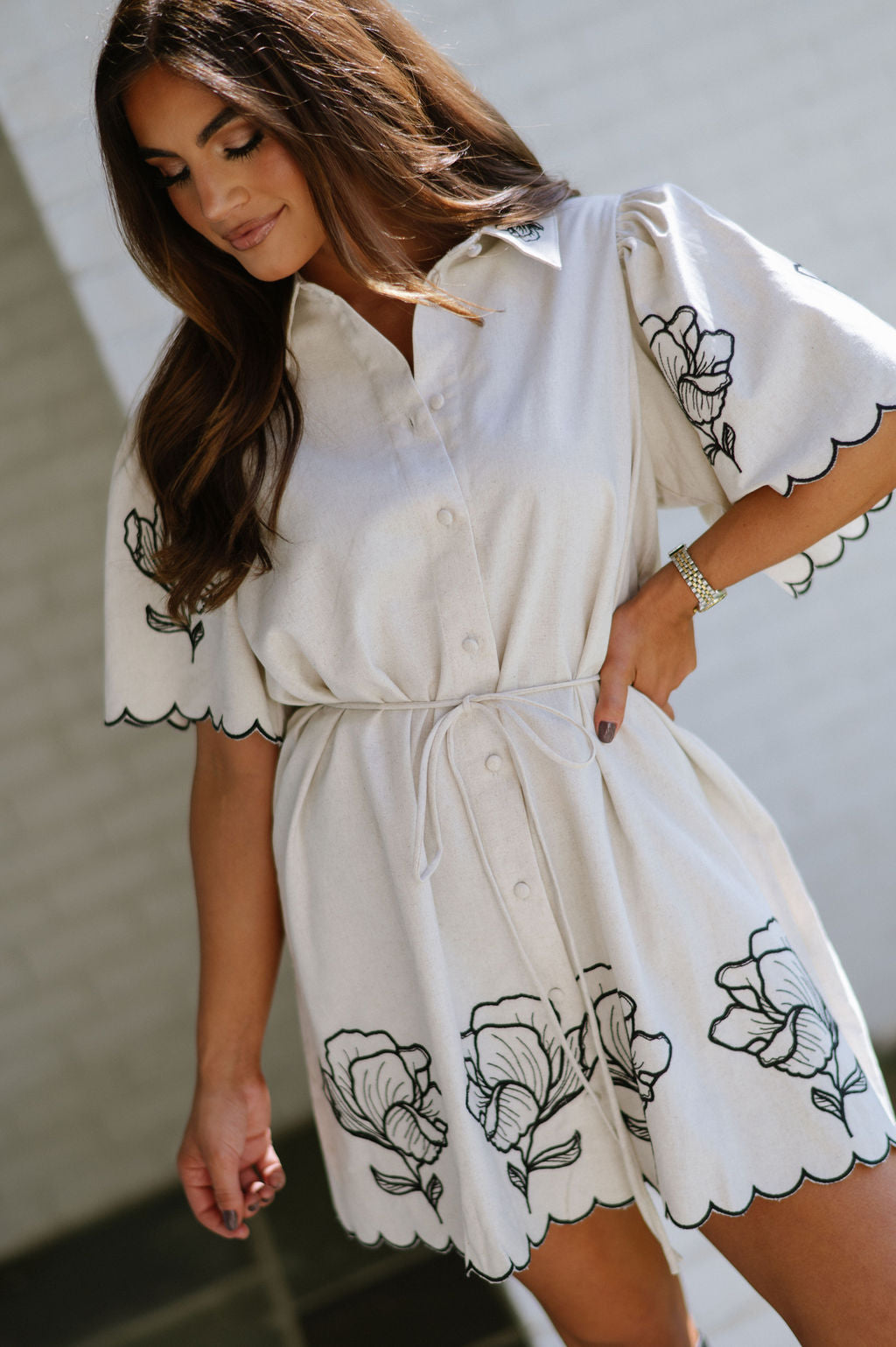 Linen Floral Shift Dress-Oatmeal