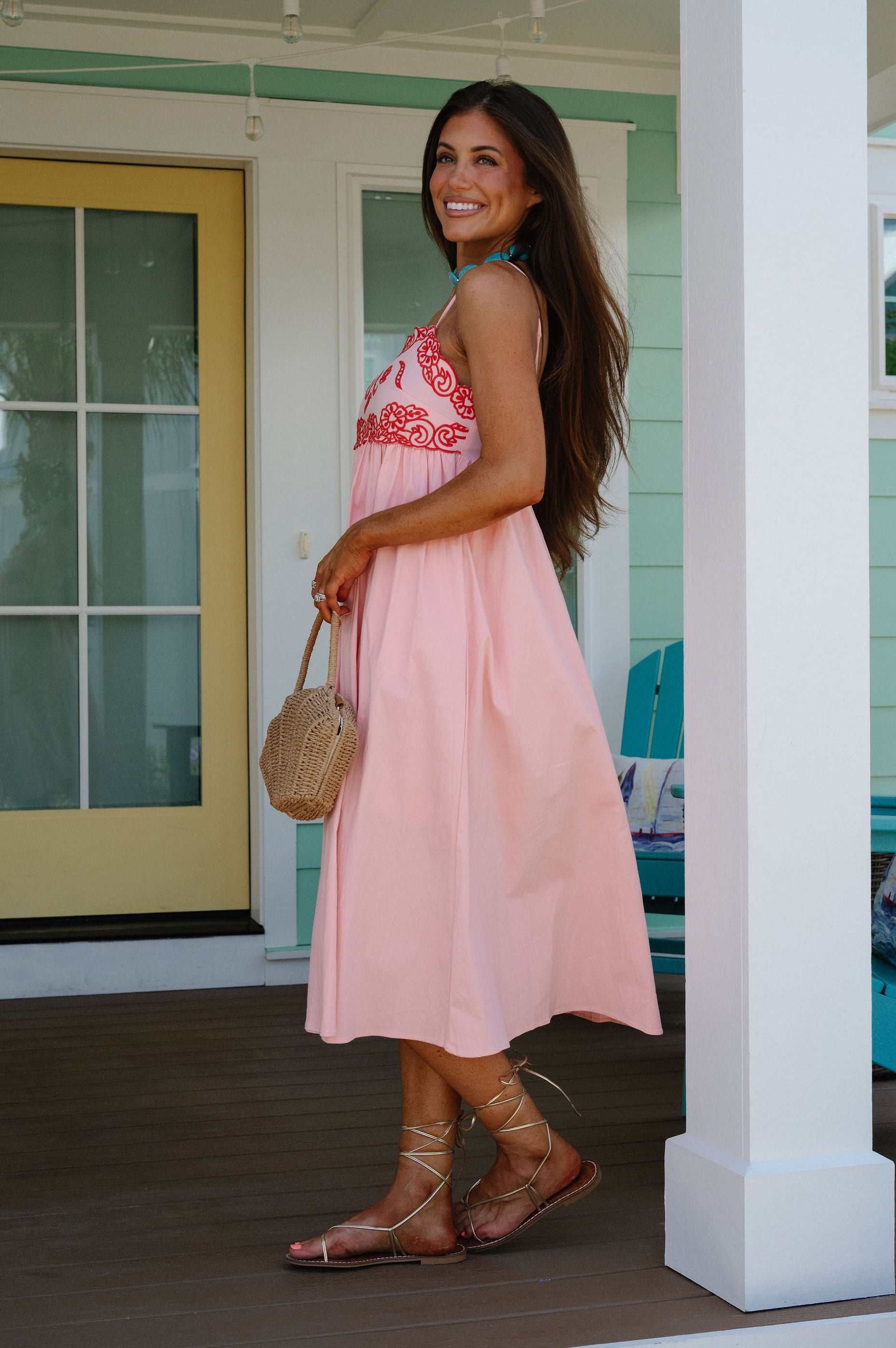 Camellia Embroidered Midi Dress-Baby Pink