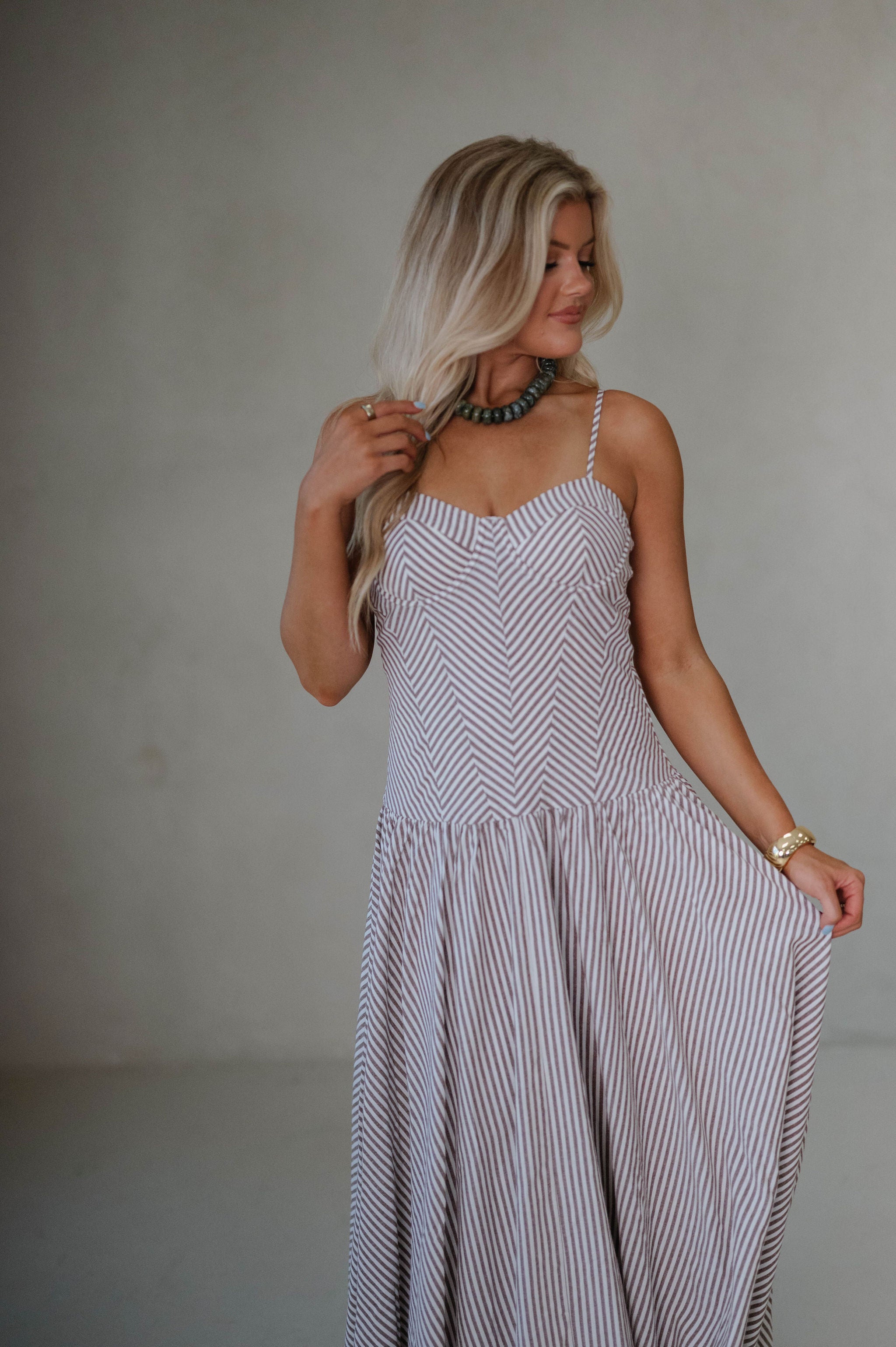 Sweetheart Striped Maxi Dress-Brown
