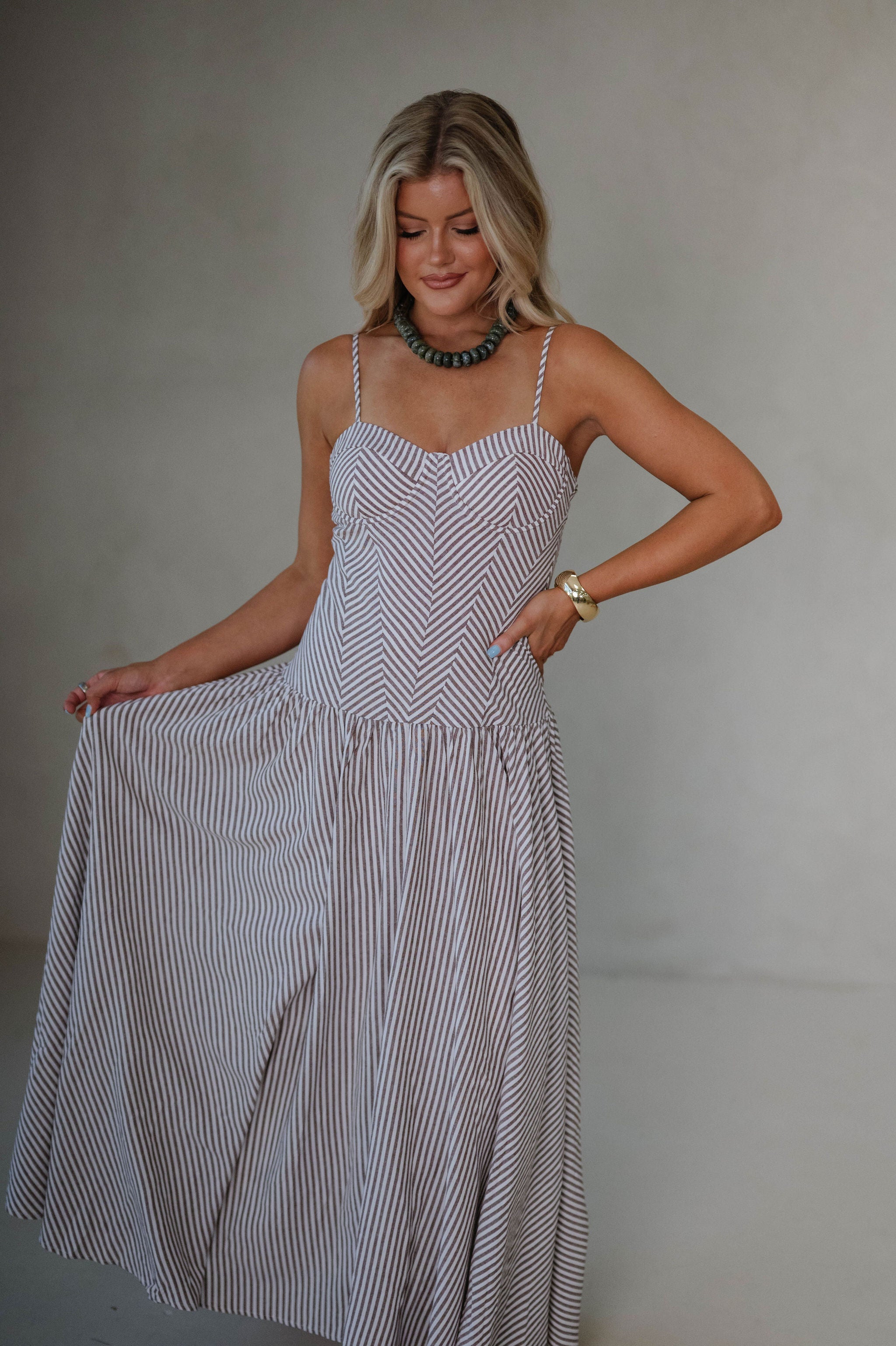 Sweetheart Striped Maxi Dress-Brown