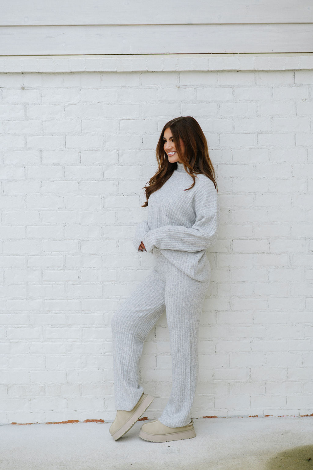 Ribbed Sweater Knit Pants Set-Grey