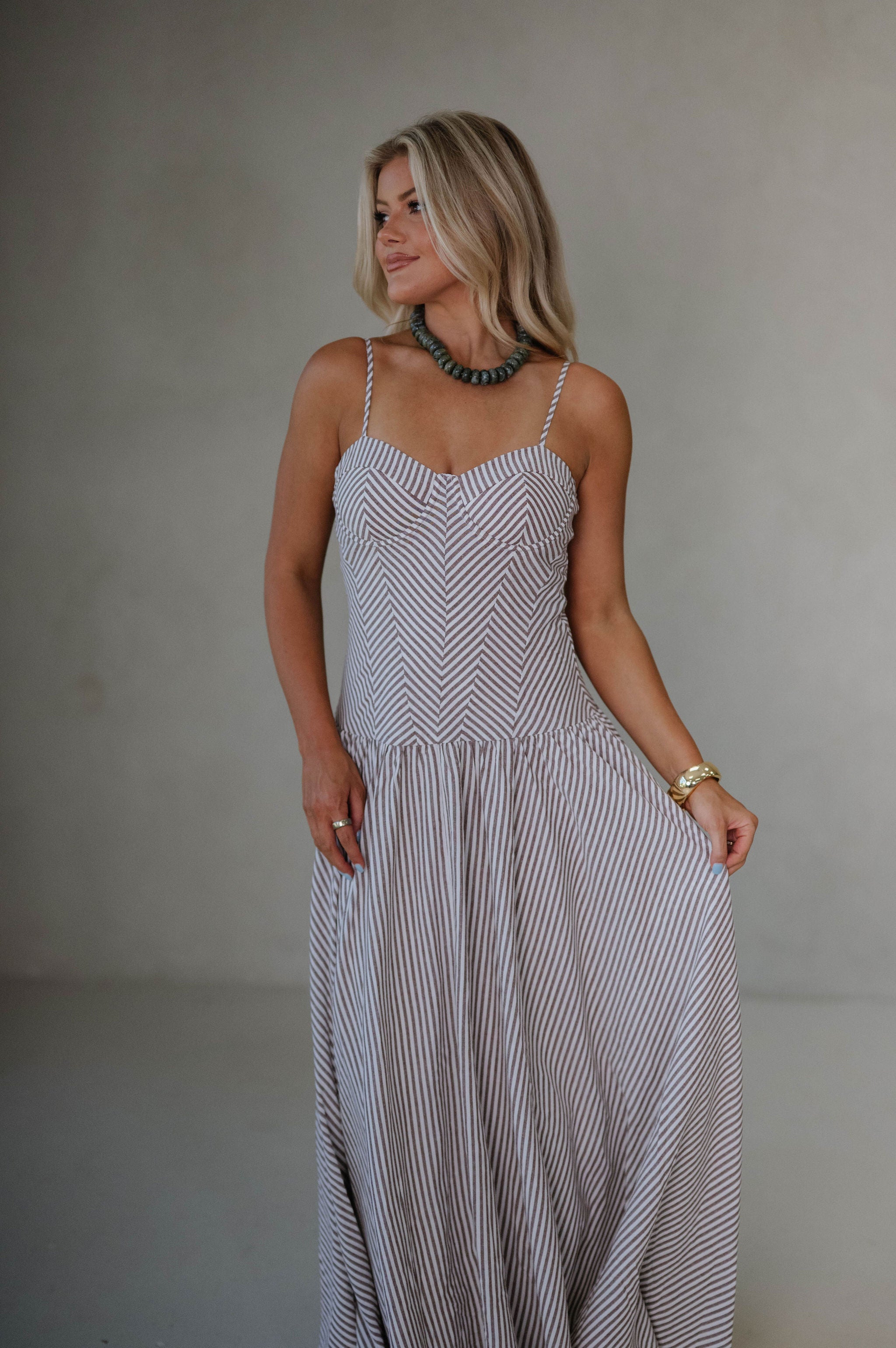 Sweetheart Striped Maxi Dress-Brown