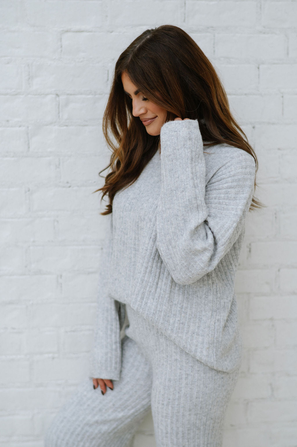 Ribbed Sweater Knit Pants Set-Grey