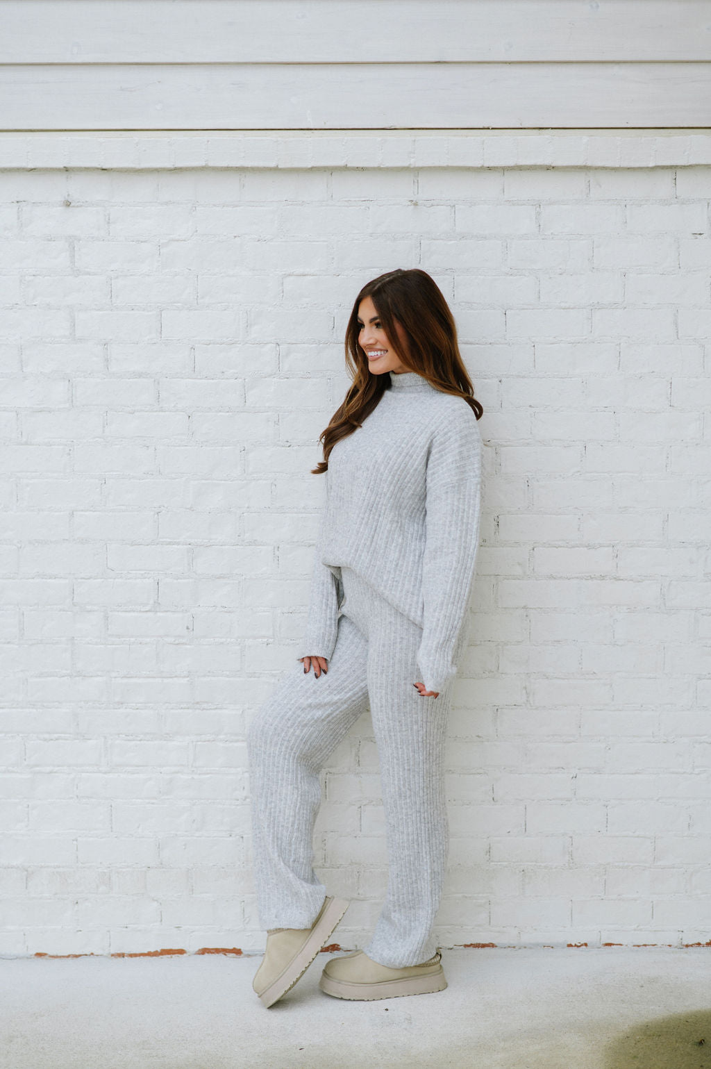 Ribbed Sweater Knit Pants Set-Grey