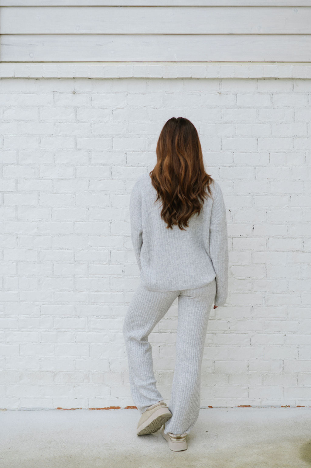 Ribbed Sweater Knit Pants Set-Grey