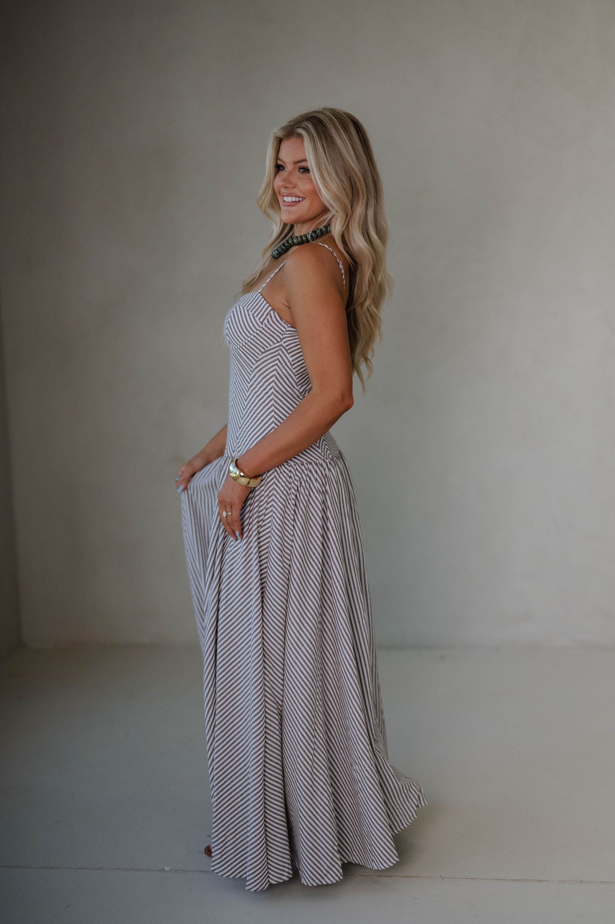 Sweetheart Striped Maxi Dress-Brown