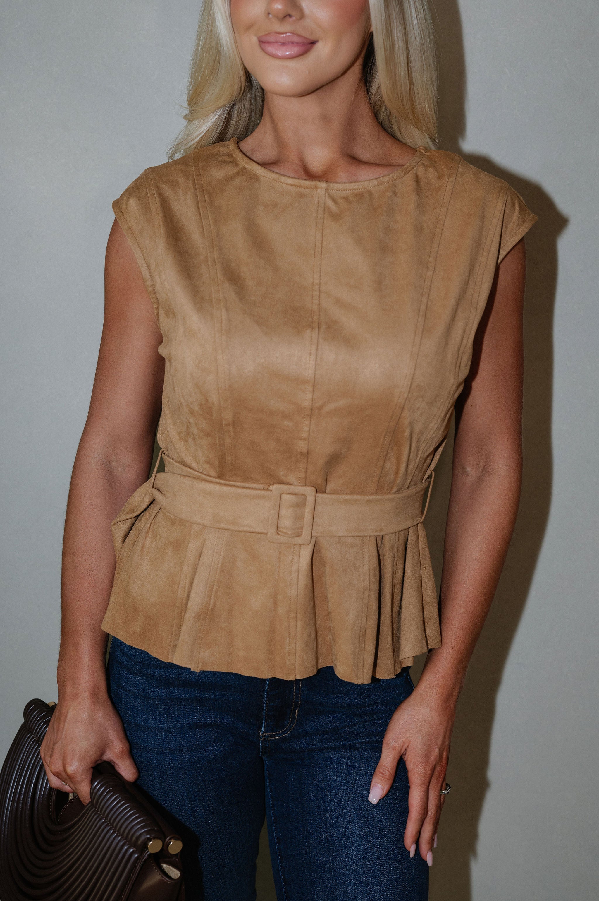 Belted Peplum Top-Coffee
