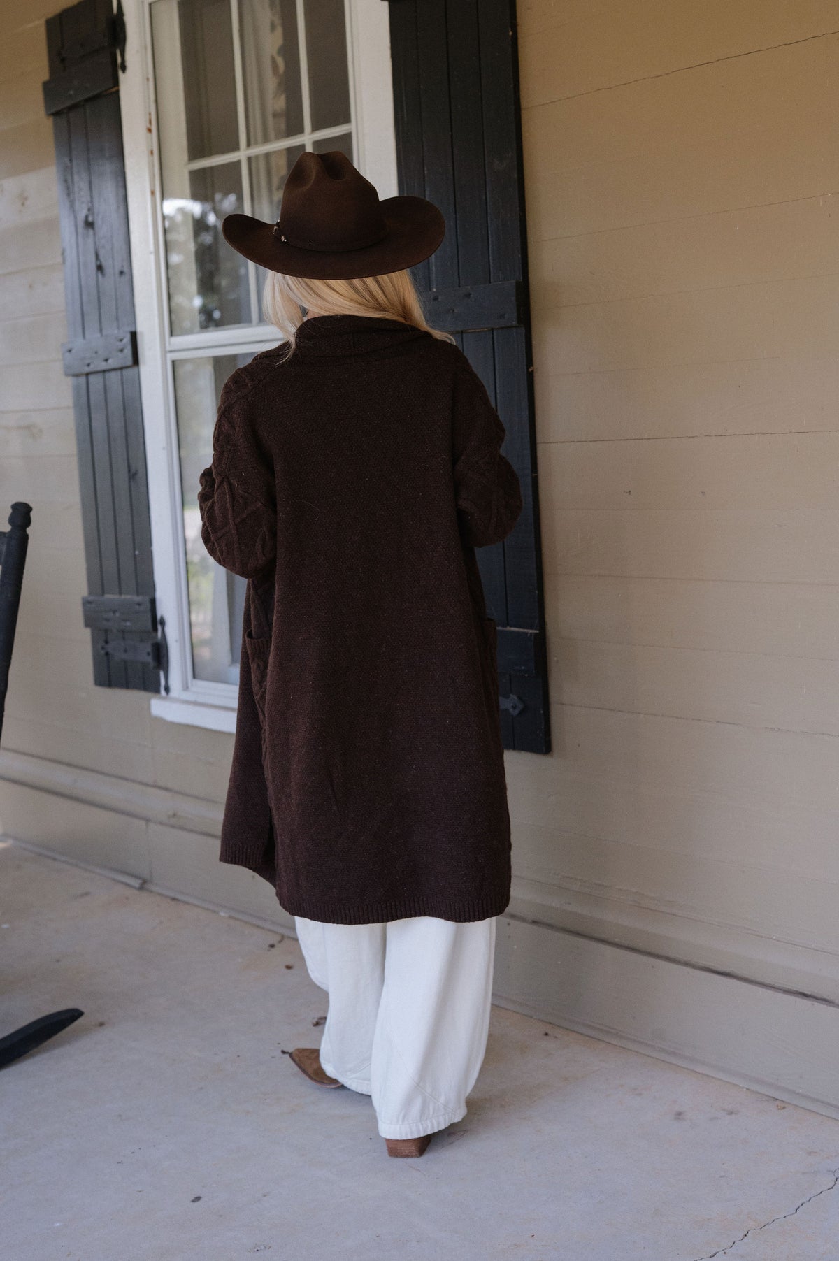 Peyton Longline Cable Knit Cardigan-Chocolate Brown