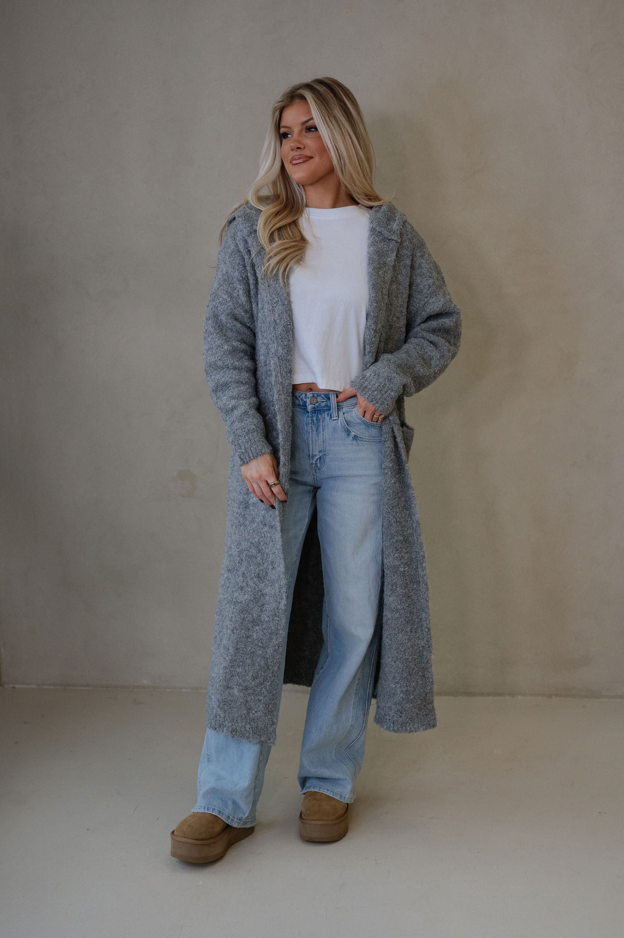Cozy Knit Long Cardigan-Heather Grey