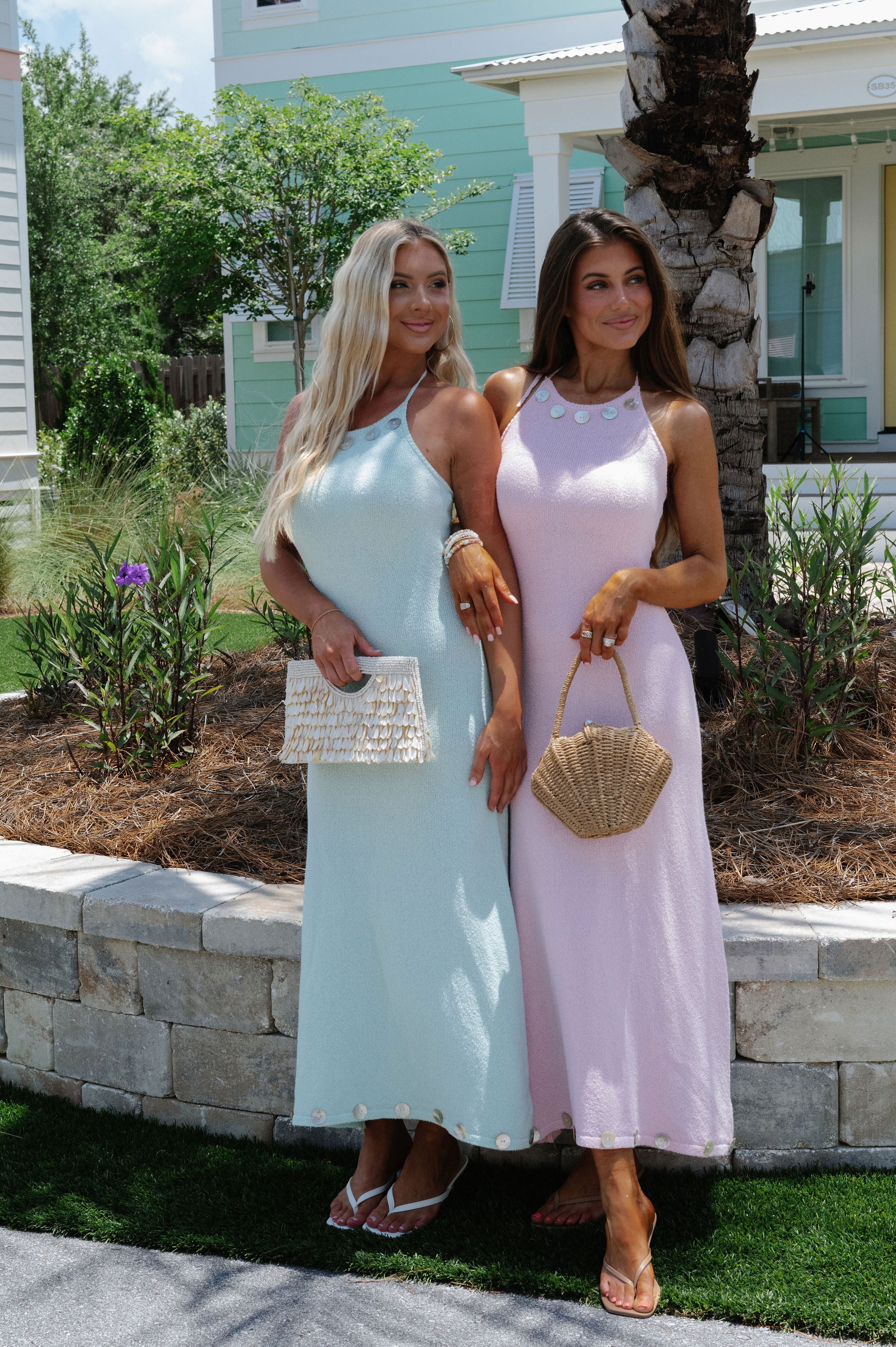 Shell Button Halter Midi Dress-Pink