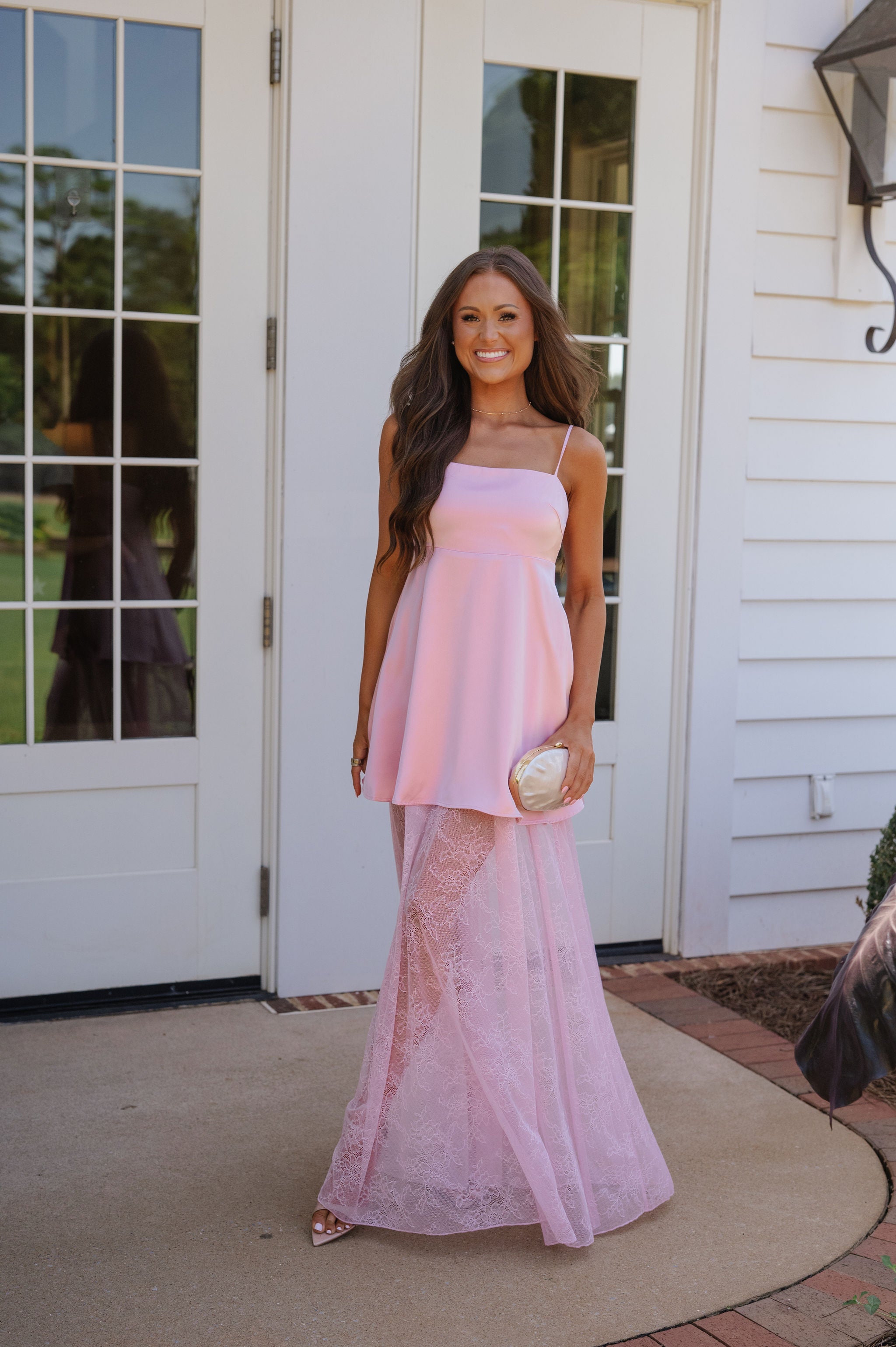 Riley Contrast Lace Skirt Satin Maxi Dress-Pink