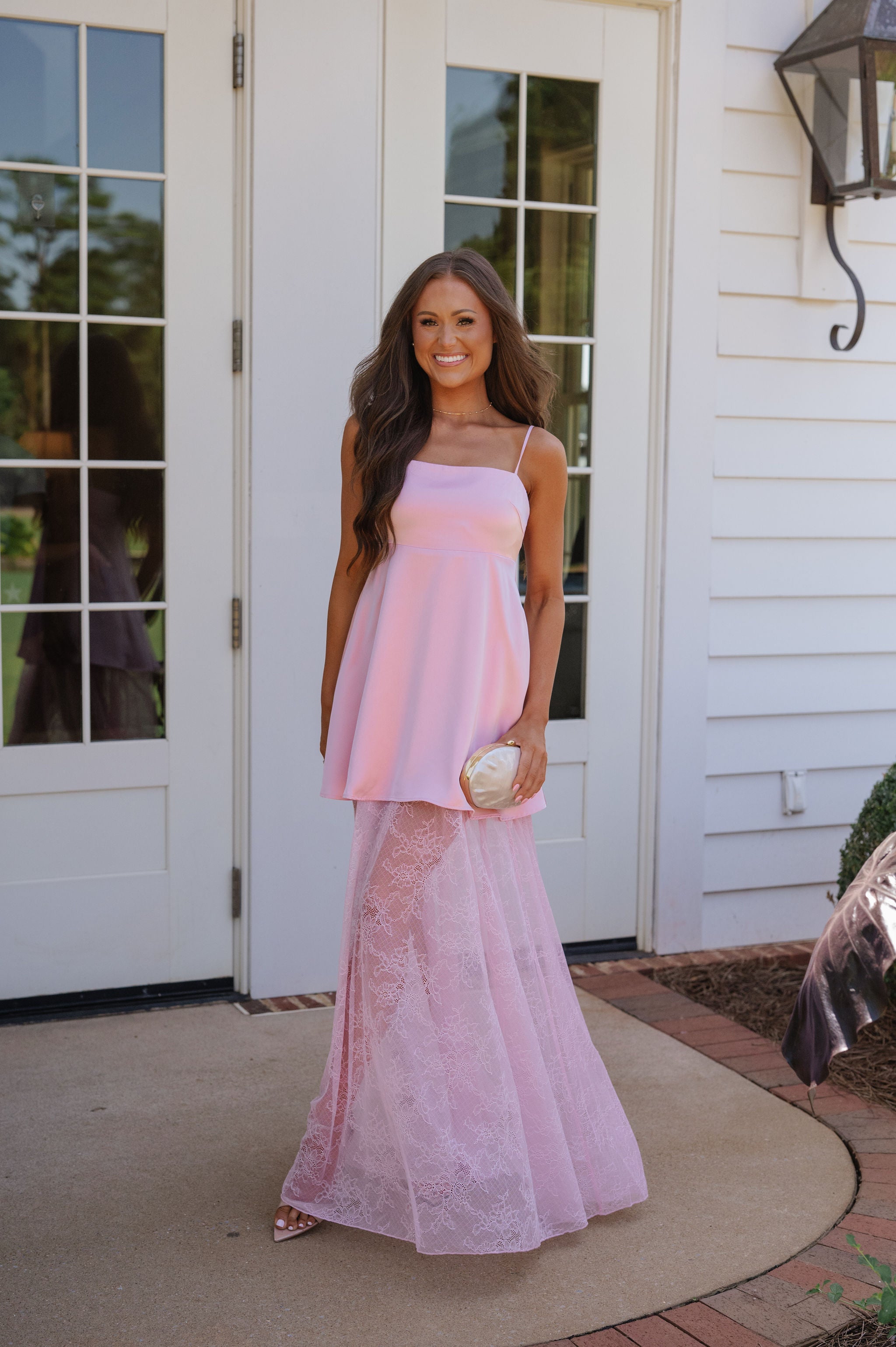 Riley Contrast Lace Skirt Satin Maxi Dress-Pink