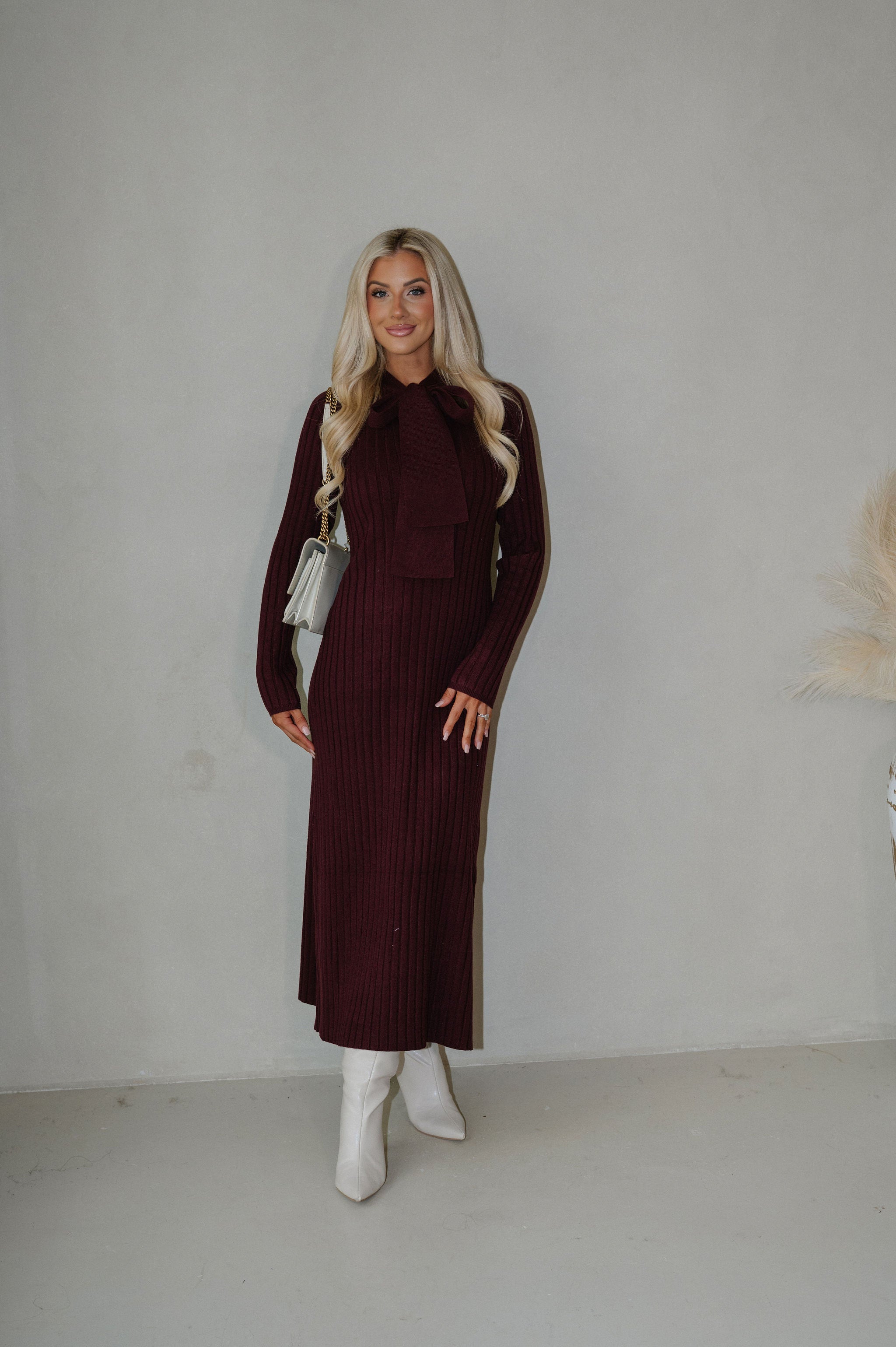 Summit Tie Neck Sweater Dress-Burgundy