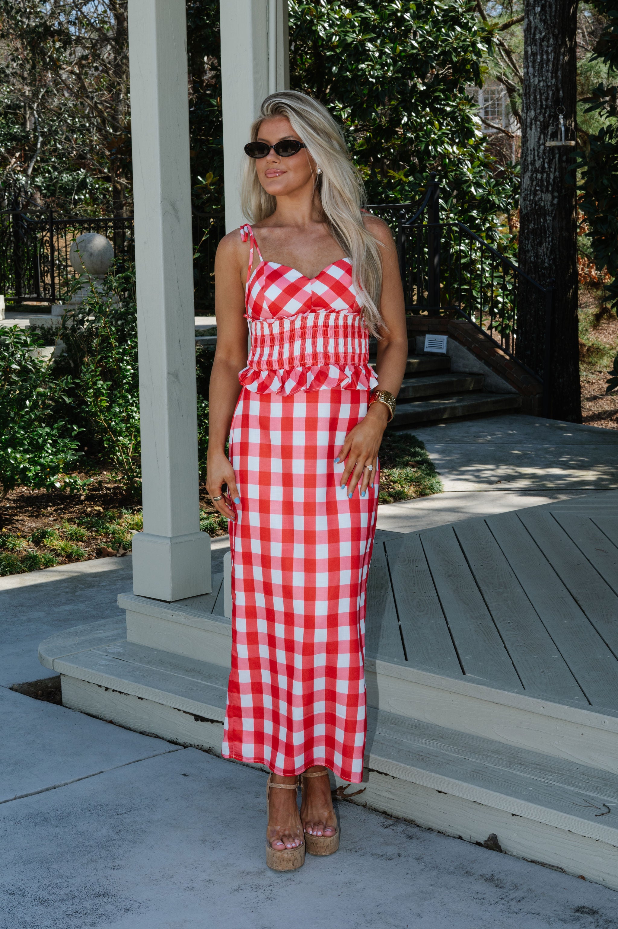 Collier Gingham Skirt Set-Red/White